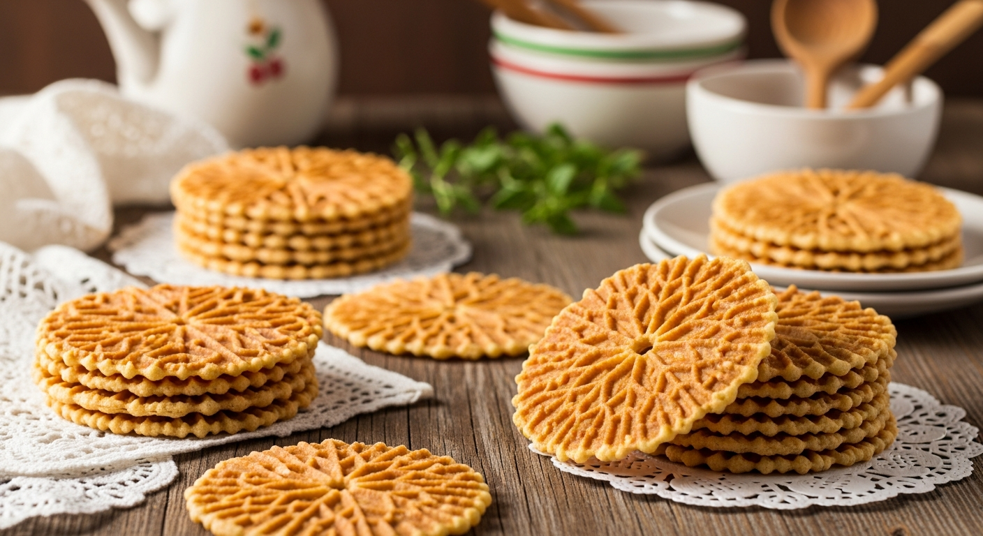 A close-up artistic photograph of delicate Italian pizzelle cookies arranged on a rustic wooden table, their intricate snowflake-like patterns and geometric designs clearly visible on the thin, golden waffle-textured surfaces. The round, flat cookies display beautiful embossed details created by traditional pizzelle irons, with some cookies stacked elegantly while others are artfully scattered across vintage lace doilies. Warm, soft lighting illuminates the scene, casting gentle shadows that emphasize the cookies' delicate, crispy texture and honeyed golden-brown color. In the background, slightly blurred Italian kitchen elements are visible, including ceramic bowls, wooden spoons, and perhaps sprigs of fresh herbs, creating an authentic Mediterranean holiday baking atmosphere. The composition captures the ethereal, lace-like quality of these traditional Italian holiday treats, with their paper-thin consistency and ornate pressed patterns creating an almost jewelry-like appearance against the warm, inviting kitchen setting.