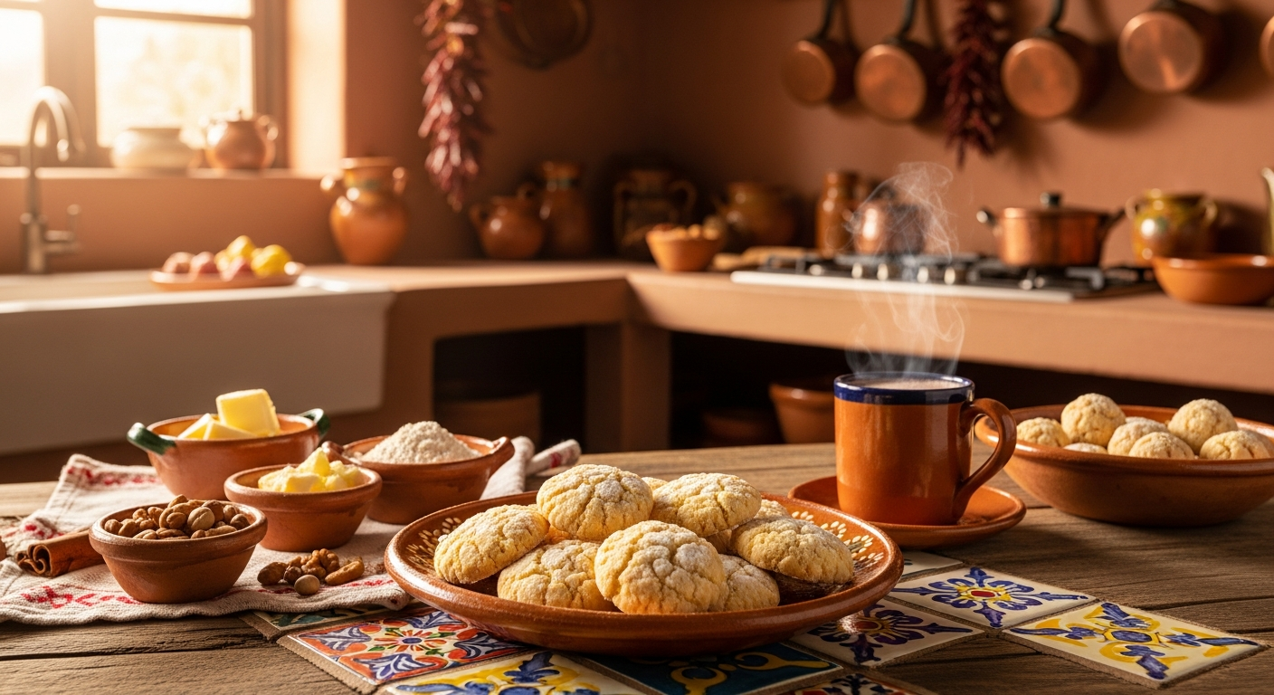 A rustic Mexican kitchen scene featuring golden-brown polvorones cookies arranged on a traditional clay plate, their crumbly, buttery texture visible with delicate powdered sugar dusting. The round, shortbread-like cookies display a rich amber color with slightly irregular edges that showcase their handmade quality. Warm sunlight streams through a window, illuminating the cookies and casting soft shadows on a weathered wooden table adorned with colorful Mexican tiles. In the background, traditional pottery, copper pots, and dried chili peppers hang from wooden beams, while fresh ingredients like butter, flour, and nuts are scattered nearby in small ceramic bowls. The atmosphere captures the cozy warmth of a Mexican home kitchen during holiday baking season, with vibrant terracotta and warm earth tones dominating the color palette. Steam gently rises from a cup of Mexican hot chocolate positioned beside the cookie plate, completing this intimate holiday baking scene.