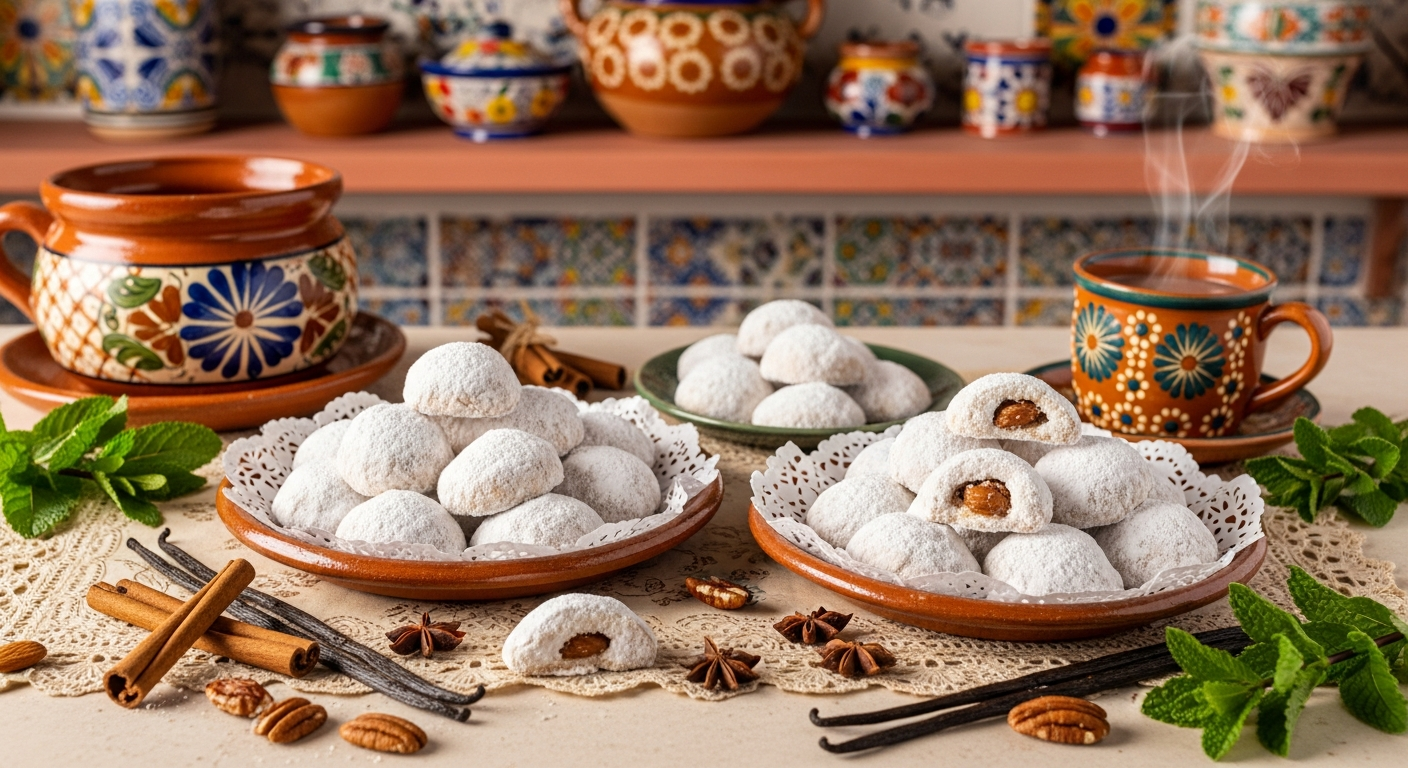 A warm, inviting kitchen scene featuring an elegant display of traditional Mexican wedding cookies (polvorones) arranged on rustic ceramic plates and vintage lace doilies. The delicate, crescent-shaped cookies are generously dusted with powdered sugar, creating a snowy white appearance that catches the soft, golden afternoon light streaming through a nearby window. The cookies are nestled among festive holiday decorations including cinnamon sticks, star anise, vanilla beans, and scattered chopped pecans that hint at the rich, buttery ingredients within. In the background, traditional Mexican pottery and colorful talavera tiles create an authentic cultural atmosphere, while warm terracotta and cream tones dominate the color palette. Steam gently rises from a nearby cup of Mexican hot chocolate, and the scene is completed with sprigs of fresh mint and a few whole almonds artfully scattered around the presentation, evoking the warmth and celebration of holiday traditions.