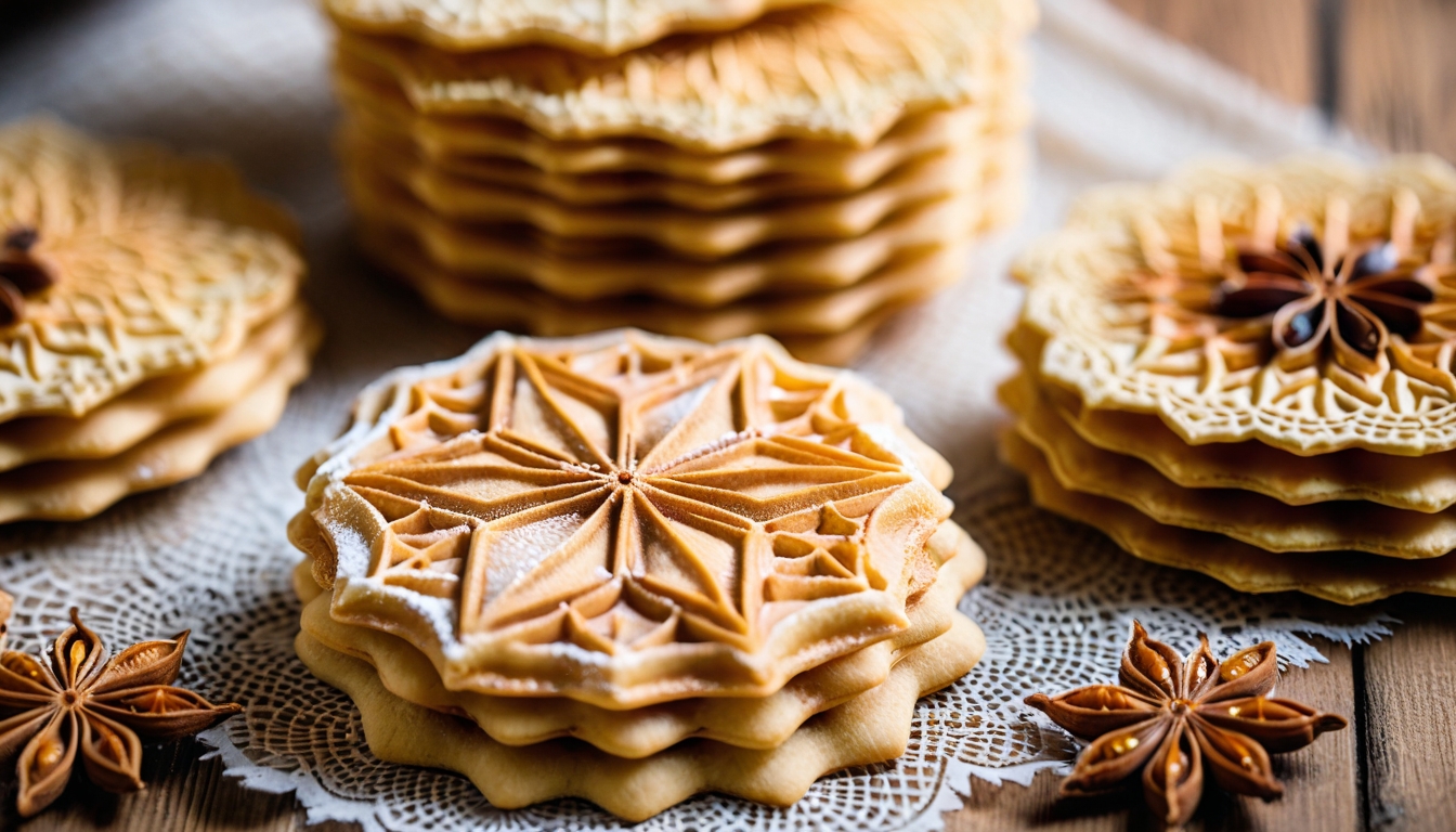 A close-up view of delicate, golden-brown pizzelle cookies arranged on a rustic wooden surface, their intricate snowflake-like patterns pressed deep into the thin, crispy wafer texture. The traditional Italian cookies display beautiful geometric designs with radiating lines and detailed impressions from the pizzelle iron, creating an almost lace-like appearance. Warm, ambient lighting highlights the cookies' delicate edges and the subtle variations in their golden color, while a few whole star anise pods are artfully scattered nearby, their dark brown star-shaped forms contrasting beautifully against the light wood grain. Steam gently rises from a vintage pizzelle iron in the soft-focused background, suggesting the cookies were just freshly made, with flour dust lightly dusting the scene and creating a cozy, traditional Italian kitchen atmosphere during the holiday baking season.