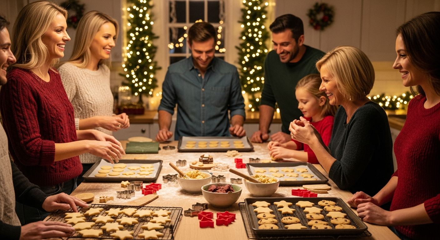 bowls of colorful cookie dough, basic cookie cutters in festive shapes like stars and trees, baking sheets lined with parchment paper, and trays of freshly baked cookies cooling nearby. Soft, golden lighting creates a cozy atmosphere while holiday decorations like garland and twinkling lights frame the scene in the background. The cookies visible are simple yet festive - sugar cookies with sprinkles, basic gingerbread shapes, and chocolate chip cookies - emphasizing accessibility and ease of preparation. Everyone appears relaxed and joyful, with smiles and laughter captured mid-moment, conveying the stress-free nature of the baking experience. The overall composition radiates warmth, togetherness, and the simple pleasure of creating homemade holiday treats without complexity or pressure.