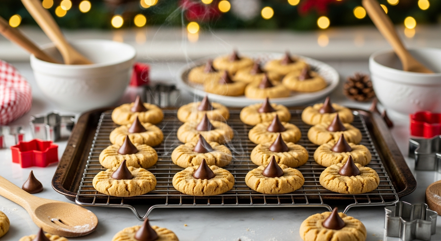A warm, inviting kitchen scene featuring freshly baked peanut butter cookies arranged on cooling racks and vintage baking sheets, each cookie topped with a perfectly centered chocolate kiss that glistens under soft, golden lighting. The cookies display the characteristic cracked, golden-brown surface texture with slightly puffed edges, while some chocolate kisses appear to be gently melting from the residual heat. A cozy holiday atmosphere permeates the scene with festive decorations subtly visible in the blurred background, including warm string lights, pine garland, and hints of red and green holiday colors. Steam gently rises from the warm cookies, and flour dust sparkles in the air, while traditional baking tools like wooden spoons, mixing bowls, and cookie cutters are artfully scattered around the marble countertop. The composition captures the essence of homemade holiday baking with rich, warm tones and a nostalgic, comfort-food aesthetic that evokes memories of family gatherings and seasonal celebrations.