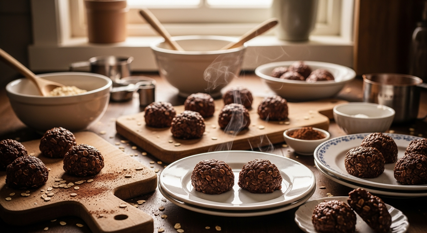 A warm, inviting kitchen scene featuring freshly made no-bake chocolate oatmeal cookies arranged on rustic wooden cutting boards and vintage ceramic plates. The cookies display a rich, dark chocolate color with visible oats creating an appealing textured surface, some cookies still glistening slightly as if recently set. Steam gently rises from a few cookies that appear to have just been formed, while others show the perfect matte finish of properly cooled treats. The kitchen counter is dusted with scattered oats and cocoa powder, with mixing bowls, wooden spoons, and measuring cups visible in the background, suggesting the recent baking activity. Soft, golden afternoon light streams through a nearby window, casting warm shadows and highlighting the rustic, homey atmosphere of holiday cookie preparation. The scene captures the cozy, festive spirit of holiday baking with rich browns and warm amber tones dominating the composition.