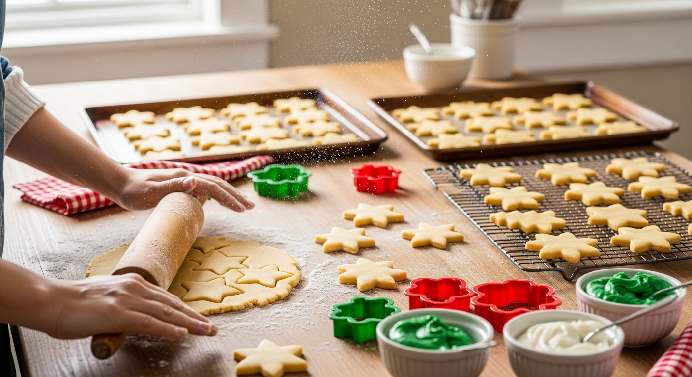 A festive kitchen scene showcasing freshly baked sugar cookies in various holiday shapes scattered across a flour-dusted wooden countertop, with golden-brown star, tree, and snowflake-shaped cookies cooling on wire racks. A skilled baker's hands are visible rolling out smooth, pale cookie dough with a wooden rolling pin, while colorful cookie cutters in festive shapes lie nearby alongside bowls of vibrant royal icing in red, green, and white. The warm, inviting kitchen atmosphere features soft natural lighting streaming through a window, illuminating scattered flour particles in the air and highlighting the rustic charm of vintage baking tools. In the background, additional batches of perfectly shaped raw cookie dough pieces await baking on parchment-lined cookie sheets, while finished cookies display beautiful golden edges and smooth surfaces ready for decorating. The scene captures the joyful essence of holiday baking with its combination of traditional tools, seasonal cookie shapes, and the cozy warmth of a home kitchen during the festive season.