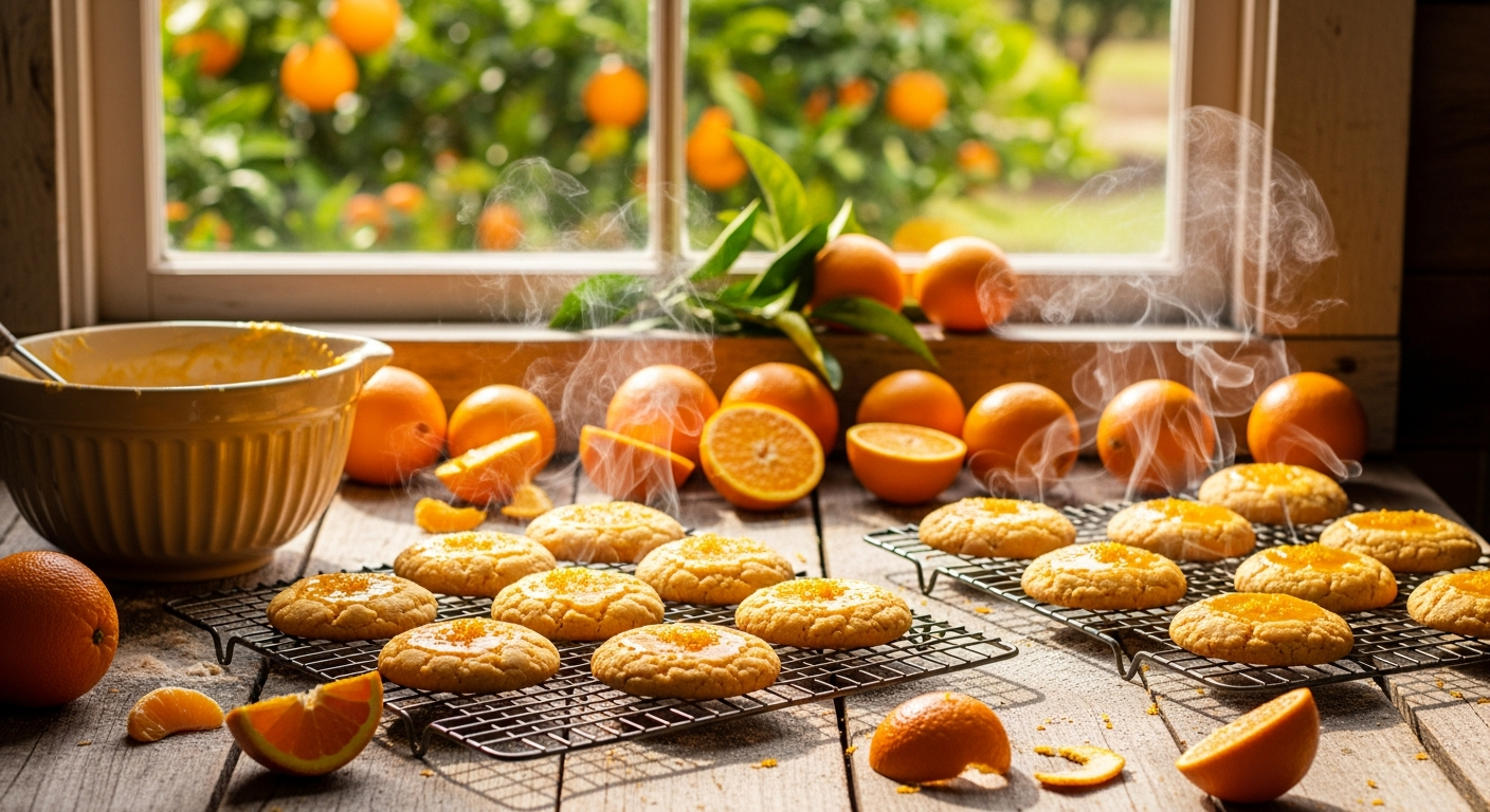 A rustic kitchen scene featuring freshly baked golden-orange colored cookies cooling on wire racks, with vibrant fresh Florida oranges scattered around the wooden countertop. Steam gently rises from the warm cookies which have a distinctive citrusy glaze that catches the natural sunlight streaming through a nearby window. In the background, orange tree branches with glossy green leaves and bright orange fruits peek through the window, suggesting a sunny Florida grove just outside. The cookies display a beautiful amber hue with visible orange zest flecks throughout their surface, while halved oranges reveal their juicy, segmented interiors nearby. A vintage ceramic mixing bowl sits to one side with remnants of orange-tinted batter, and flour dusts the weathered wooden surface, creating an authentic homemade baking atmosphere that celebrates Florida's iconic citrus heritage.