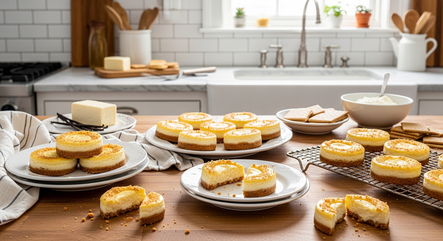 A rustic wooden kitchen counter displays an array of golden-brown circular cookies with distinctive New York cheesecake-inspired appearance, each cookie featuring a rich cream cheese-colored center swirled with hints of vanilla and topped with a delicate graham cracker crumb coating. The cookies are artfully arranged on vintage ceramic plates and cooling racks, with some cookies broken in half to reveal their soft, cheesecake-like interior texture contrasting against the slightly crisp exterior edges. Warm, natural lighting streams through a nearby window, casting gentle shadows and highlighting the cookies' appetizing golden hues and creamy white centers. In the background, classic New York-style kitchen elements are softly blurred, including marble countertops, subway tile backsplash, and hints of baking ingredients like cream cheese blocks, vanilla beans, and graham crackers scattered around the workspace. The scene captures the homemade, artisanal quality of these specialty holiday treats with their unique cheesecake-cookie hybrid appearance, emphasizing their rich, indulgent texture and the warm, inviting atmosphere of a well-loved kitchen during holiday baking season.