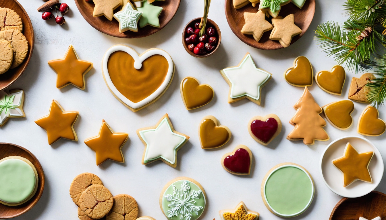 A beautifully arranged holiday dessert table showcasing an elaborate spread of uniquely shaped and decorated cookies representing different American states, each with distinct regional characteristics and colors. The scene features elegant tiered serving platters and rustic wooden boards displaying crescent-shaped maple cookies with golden glazes, round thumbprint cookies filled with caramel-colored centers, pale green shortbread squares with lime zest, and dark oatmeal cookies studded with ruby-red dried cherries. Additional varieties include spice-dusted star-shaped cookies with warm cinnamon hues, tropical golden cookies topped with white coconut flakes and chopped nuts, and other regional specialties in various shapes like hearts, leaves, and geometric forms. The cookies are artfully arranged with natural spacing, surrounded by festive holiday greenery, pinecones, and warm ambient lighting that creates a cozy, inviting atmosphere. The setting suggests an elegant home dining room with rich wood furniture visible in the background, capturing the essence of a sophisticated holiday gathering where culinary traditions from across America are celebrated through these diverse, beautifully crafted regional cookies.