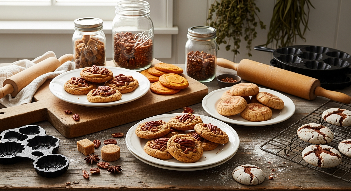 A warm, rustic kitchen scene featuring an assortment of distinctly Southern-style holiday cookies arranged on vintage wooden cutting boards and antique ceramic plates. The cookies showcase regional specialties like pecan praline cookies with visible chopped pecans, bourbon-infused snickerdoodles with cinnamon sugar coating, sweet potato spice cookies with orange hues, and molasses cookies with cracked surfaces. Mason jars filled with ingredients like brown sugar, pecans, and spices sit nearby alongside traditional Southern baking tools including a well-worn rolling pin and cast iron cookie molds. The setting captures a cozy farmhouse kitchen with weathered wood countertops, hanging dried herbs, and warm golden lighting filtering through a window, creating an atmosphere of Southern hospitality and traditional holiday baking. Steam gently rises from a few freshly baked cookies cooling on wire racks, while scattered flour dusts the workspace, suggesting active holiday cookie preparation in progress.