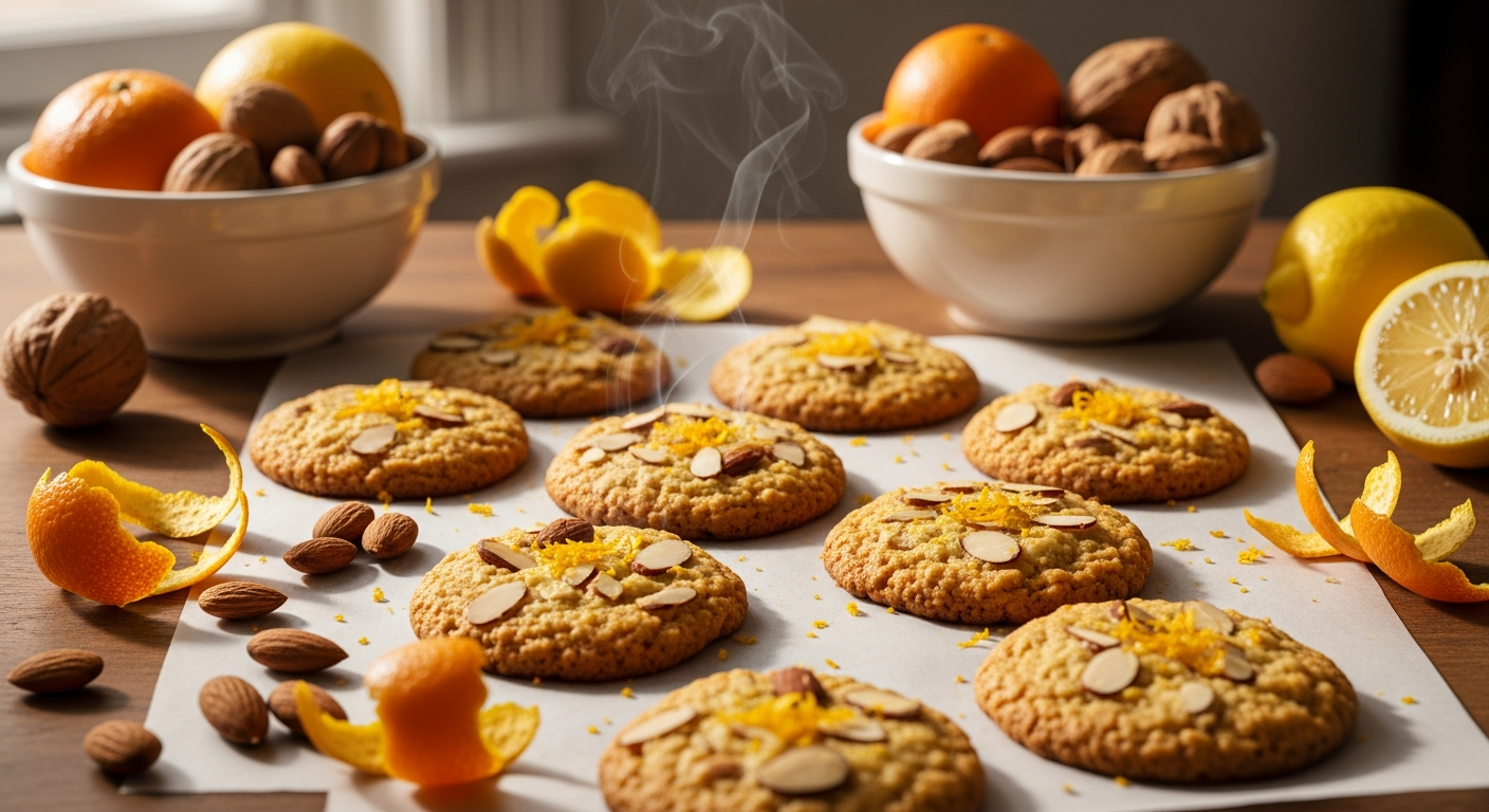 A rustic wooden kitchen counter displays an artisanal arrangement of golden-brown almond citrus cookies, each one uniquely shaped and textured with visible almond slivers embedded throughout their surfaces. The cookies showcase a beautiful amber hue with slightly darker caramelized edges, while bright orange and lemon zest creates tiny colorful specks across their tops. Steam gently rises from the freshly baked treats, and scattered whole almonds, orange peels, and lemon rinds surround the cookies on parchment paper. Warm afternoon sunlight streams through a nearby window, casting soft shadows and highlighting the cookies' rough, homemade texture and the natural oils glistening on their surfaces. The scene captures the essence of traditional Western American baking with its emphasis on natural ingredients and rustic presentation, while vintage ceramic bowls filled with citrus fruits and nuts complete the wholesome, artisanal kitchen atmosphere.