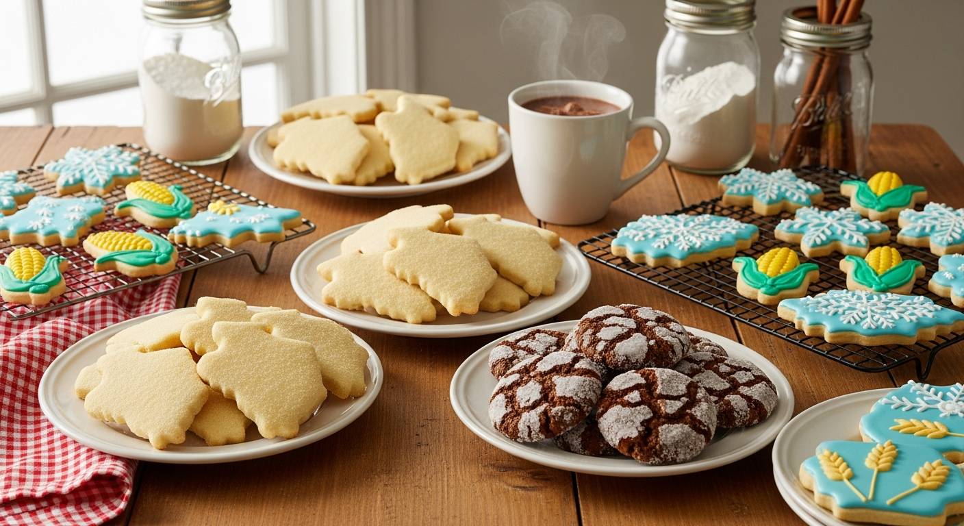 A warm, inviting kitchen scene showcasing an array of distinctive holiday cookies spread across a rustic wooden table, each representing different Midwestern state traditions. Golden sugar cookies cut into the shapes of state outlines sit alongside rich, dark molasses cookies dusted with crystalline sugar, while colorful frosted cookies decorated with regional symbols like corn, wheat stalks, and snowflakes create a festive display. Steam rises gently from a ceramic mug of hot cocoa nearby, and soft winter light filters through a frost-kissed window, illuminating the cozy domestic setting. The cookies are artfully arranged on vintage ceramic plates and cooling racks, with some still warm from the oven, their edges perfectly golden and surfaces glistening with butter and sugar. Traditional Midwest kitchen elements like gingham patterns, mason jars filled with baking ingredients, and well-worn wooden spoons complete this heartwarming scene of regional holiday baking traditions.