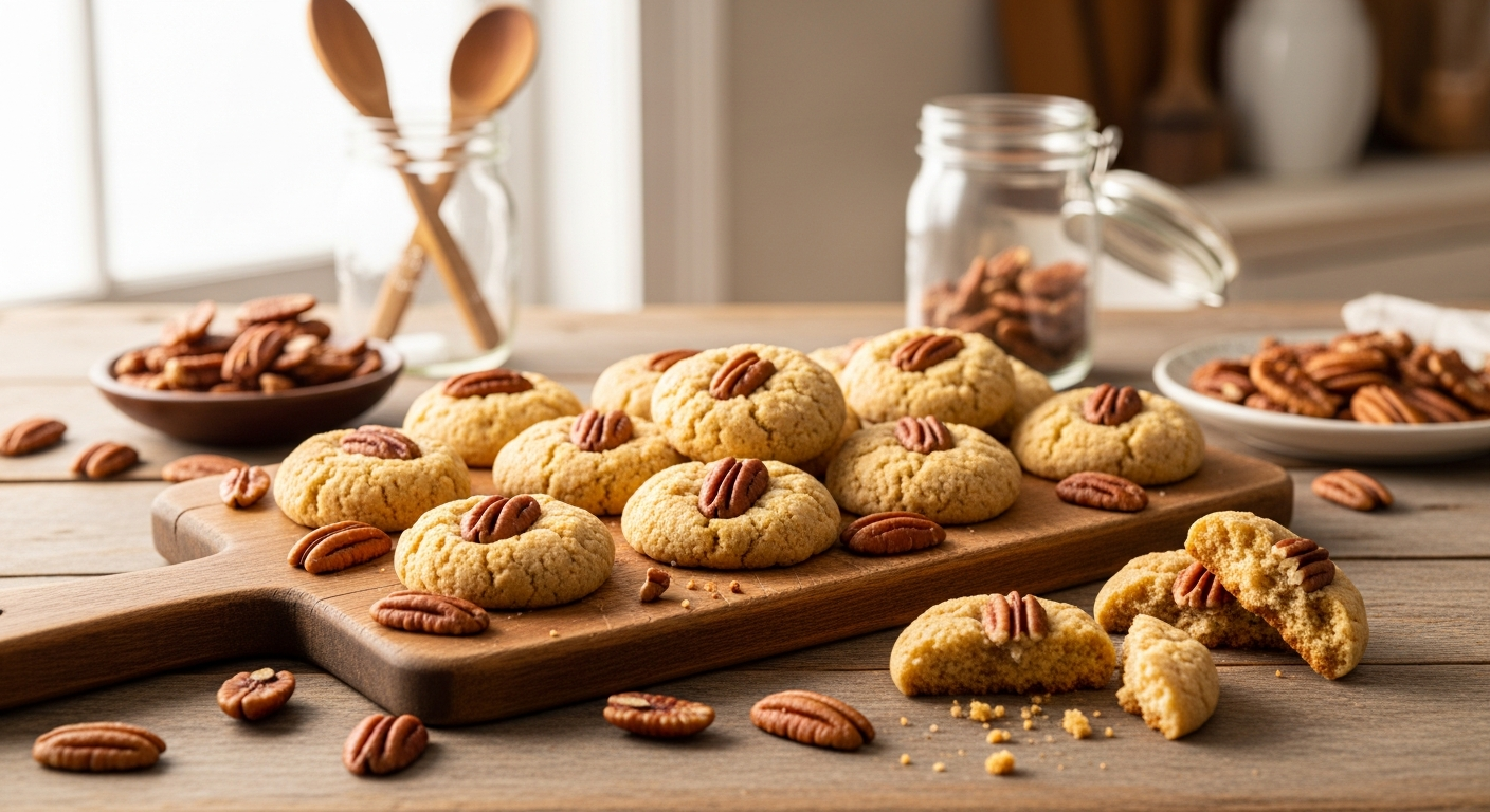 A rustic kitchen scene featuring golden-brown, crumbly pecan sandies cookies arranged on a vintage wooden cutting board, with chopped pecans scattered artfully around them. The cookies have a delicate, sandy texture with visible pecan pieces embedded throughout, creating an appetizing homemade appearance. Warm, soft lighting filters through a nearby window, casting gentle shadows across the scene and highlighting the rich, buttery color of the cookies. In the background, a classic Southern kitchen setting is suggested with mason jars, wooden spoons, and scattered whole pecans on a weathered farmhouse table. The composition emphasizes the handcrafted, traditional nature of these regional holiday treats, with some cookies broken to reveal their tender, crumbly interior texture.