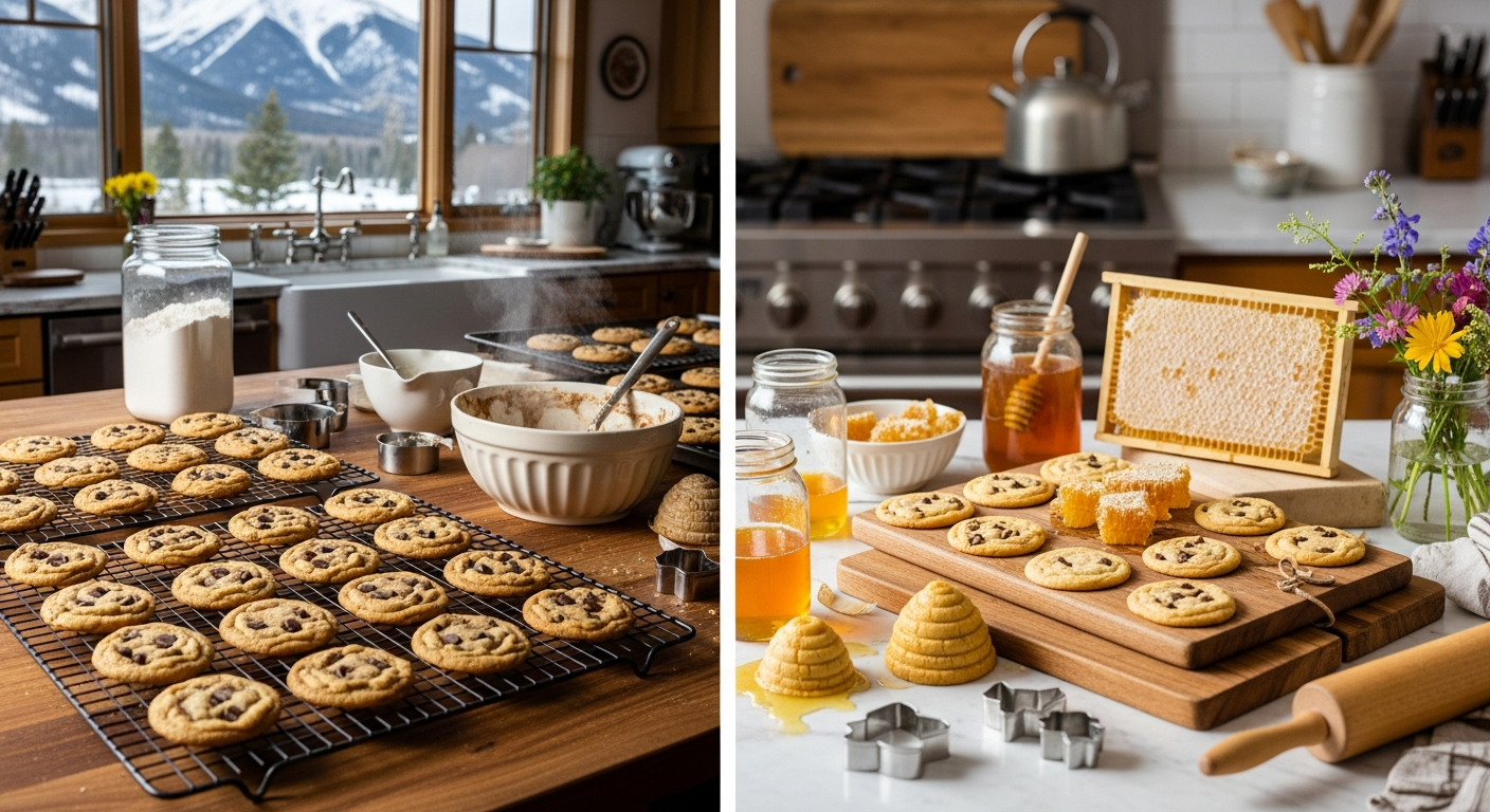 A rustic mountain kitchen scene in Colorado featuring freshly baked chocolate chip cookies cooling on wire racks, with the majestic Rocky Mountains visible through a large window in the background. The kitchen counter displays various baking ingredients including flour containers, measuring cups, and mixing bowls, while golden-brown cookies with perfectly melted chocolate chips showcase the ideal chewy texture. Steam gently rises from a batch just removed from the oven, and the warm kitchen lighting creates a cozy holiday atmosphere with snow-dusted peaks visible outside. Adjacent to this scene, a Utah kitchen showcases beautiful honey-colored cookies arranged on wooden cutting boards, with glass jars of golden honey catching the light and fresh honeycomb pieces nearby. Beehive-shaped cookie cutters and rolling pins dusted with flour rest on a marble countertop, while wildflowers in mason jars hint at the floral sources of the local honey. The warm amber glow from the honey creates a rich, inviting atmosphere that celebrates the natural bounty and traditional baking heritage of both mountain states during the holiday season.