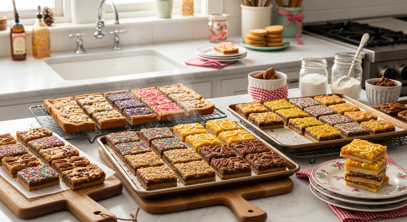 A beautifully arranged display of rectangular bar cookies cut into neat squares and arranged on rustic wooden cutting boards and vintage baking sheets. The cookies showcase distinctive regional American flavors and decorations representing different states - some topped with colorful sprinkles in state flag colors, others featuring local ingredients like pecans, cranberries, or citrus zest baked into golden-brown surfaces. Steam gently rises from freshly baked bars cooling on wire racks, while others are perfectly stacked on decorative plates with holiday-themed patterns. The scene is set in a cozy kitchen with warm lighting streaming through windows, creating soft shadows across marble countertops dusted with flour. Mason jars filled with various baking ingredients and holiday spices sit nearby, alongside vintage cookie tins and festive ribbon, capturing the essence of homemade holiday baking traditions that celebrate unique regional American flavors in convenient, shareable bar cookie form.