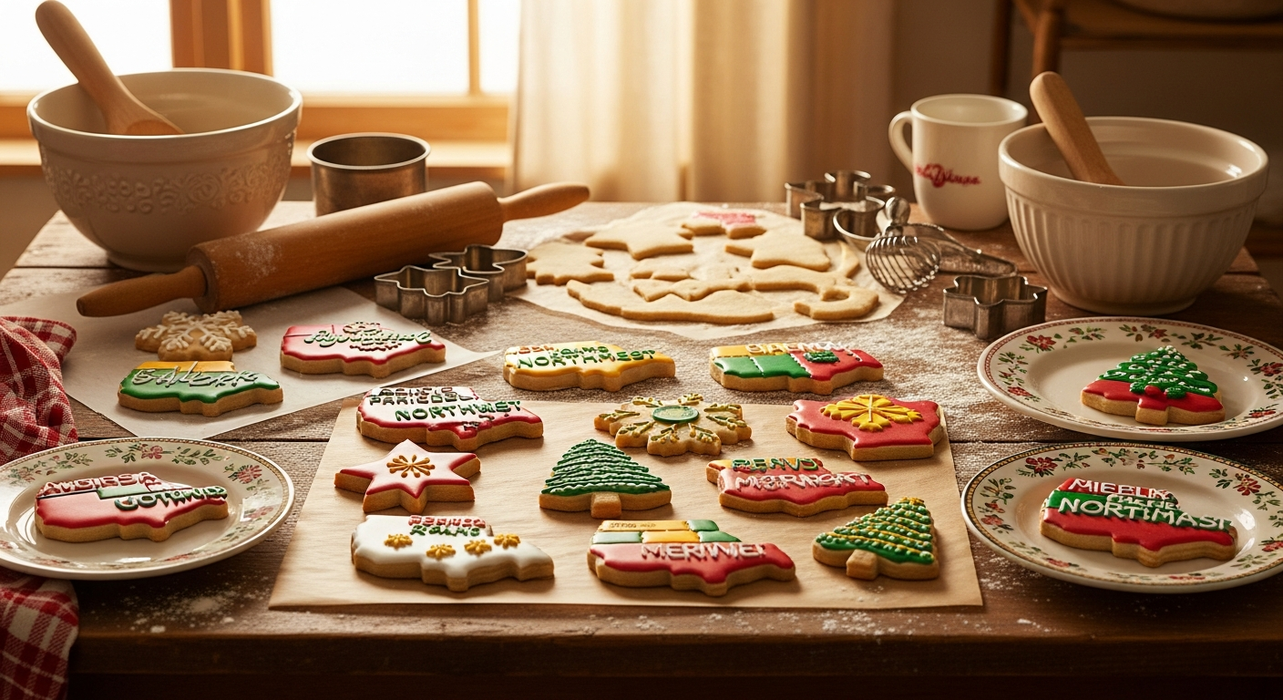 A rustic kitchen scene featuring an assortment of uniquely shaped holiday cookies scattered across a worn wooden table, each cookie representing different American states through distinctive regional designs and decorative elements. The cookies display vibrant icing in festive red, green, and gold colors, with some shaped like state outlines, others featuring regional symbols like pine trees, stars, and seasonal motifs. Warm golden light streams through a nearby window, casting soft shadows across the table surface where flour dusts remain from the baking process. In the background, vintage baking tools including wooden rolling pins, cookie cutters, and ceramic mixing bowls create an authentic homemade atmosphere. The cookies appear freshly baked with perfectly golden edges, some still cooling on parchment paper while others are artfully arranged on decorative holiday plates, creating a cozy, festive scene that captures the spirit of regional American holiday baking traditions.