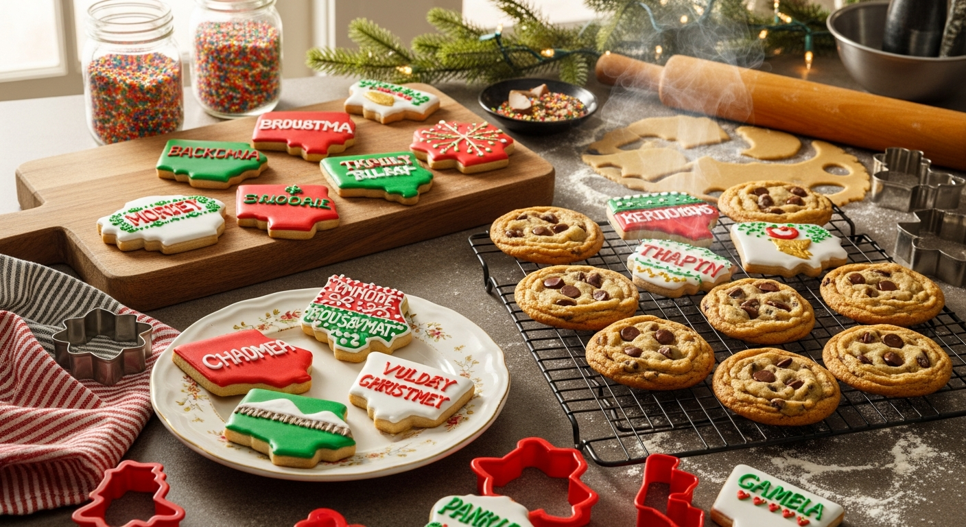 A warm, inviting kitchen scene showcasing an assortment of distinctive state-themed holiday cookies arranged on rustic wooden cutting boards and vintage ceramic plates. The cookies display unique regional characteristics - some shaped like state silhouettes, others featuring local symbols and traditional patterns, all decorated with festive holiday colors of red, green, gold, and white icing. Steam gently rises from a batch of freshly baked chocolate chip cookies cooling on a wire rack nearby, their golden-brown surfaces dotted with melted chocolate chips. Mason jars filled with colorful sprinkles, cookie cutters in various state shapes, and rolled-out cookie dough dusted with flour create an authentic baking atmosphere. Soft natural light streams through a nearby window, casting warm shadows across the scene and highlighting the intricate details of each handcrafted cookie, while holiday decorations like pine garland and twinkling lights frame the cozy baking workspace.
