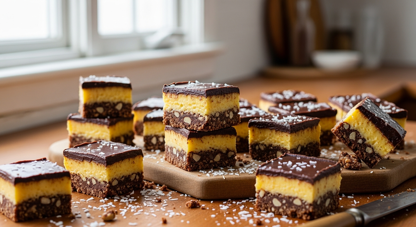 A beautifully arranged display of traditional Canadian Nanaimo bars showcasing their distinctive three-layer construction, with rich dark chocolate ganache coating the top layer that gleams under warm kitchen lighting. The middle layer reveals a bright yellow custard-like filling, while the bottom layer shows a dark, crumbly base studded with coconut flakes and chopped nuts. Several bars are cut into perfect squares and arranged on a rustic wooden cutting board, with some pieces artfully scattered around showing cross-sections that highlight the contrasting textures and colors of each layer. The scene is set in a cozy kitchen environment with soft natural lighting filtering through a window, creating gentle shadows that emphasize the bars' rich, indulgent appearance. Crumbs and coconut shavings are delicately scattered on the wooden surface, and a vintage knife rests nearby, suggesting the homemade, artisanal quality of these iconic holiday treats.