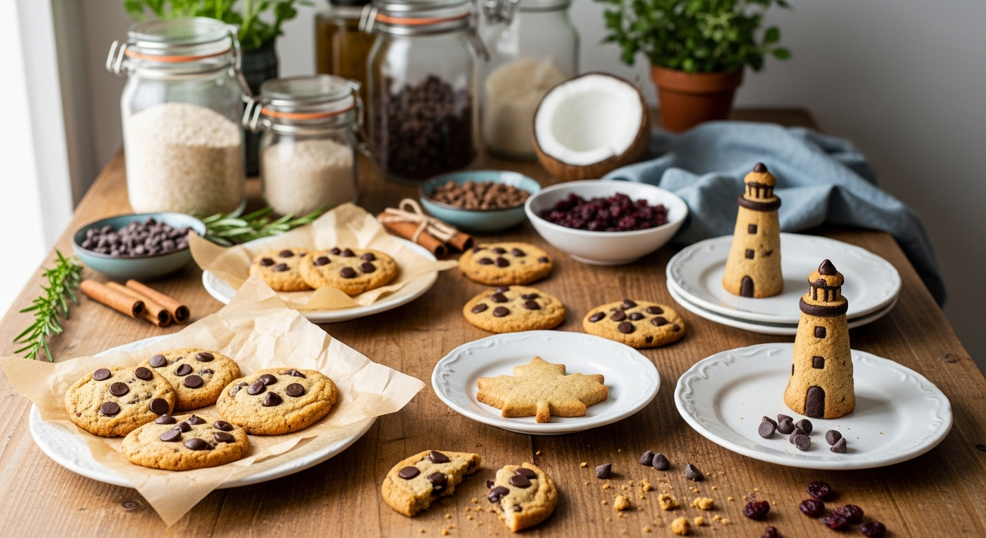 A rustic wooden kitchen table displays an array of freshly baked vegan chocolate chip cookies, each one golden-brown with perfectly melted dark chocolate chips scattered across their surfaces. The cookies are artfully arranged on vintage parchment paper and antique ceramic plates, with some cookies showing distinctive shapes and decorative elements that represent different US states - star-shaped cookies for Texas, maple leaf designs for Vermont, and lighthouse-shaped treats for Maine. Warm, natural lighting streams through a nearby window, casting soft shadows and highlighting the rich, textured surfaces of the cookies and the rustic kitchen setting. Glass jars filled with organic ingredients like oat flour, coconut oil, and dairy-free chocolate chips sit in the background, while fresh herbs and seasonal decorations specific to various American regions create an authentic, homestyle holiday baking atmosphere. Steam gently rises from a few warm cookies, and scattered chocolate chips and cookie crumbs on the wooden surface add to the authentic, just-baked appearance of this festive state-themed cookie collection.