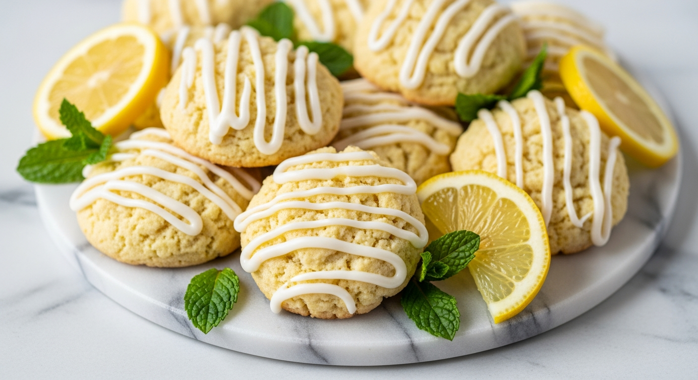 A pristine marble serving plate displays an elegant arrangement of golden-hued lemon ricotta cookies, each one perfectly round and tender with a delicate crumbly texture visible along their edges. The cookies are artfully drizzled with a glossy, translucent white glaze that cascades down their surfaces in organic ribbons, creating beautiful contrast against the warm golden cookie base. Fresh lemon slices, cut into perfect wheels with their bright yellow flesh and white pith clearly defined, are strategically placed around the cookies as natural garnish. Vibrant green mint leaves with their distinctive serrated edges and fresh appearance are scattered throughout the composition, adding pops of color and suggesting aromatic freshness. The marble surface beneath showcases natural veining in soft grays and whites, providing an luxurious backdrop that reflects soft, natural lighting. The entire scene is captured with professional food photography lighting that emphasizes the textures of the cookies, the shine of the glaze, and the fresh vibrancy of the citrus and herbs.