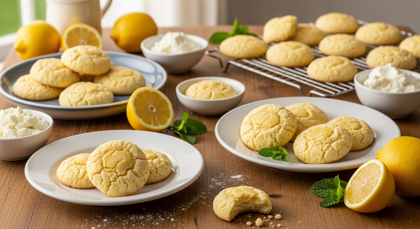 A rustic wooden kitchen counter displaying an array of freshly baked lemon ricotta cookies with their characteristic soft, cake-like texture and pale golden color. The round, slightly domed cookies are arranged on vintage ceramic plates and cooling racks, some still warm with a subtle sheen from their sweet glaze. Bright yellow lemons, both whole and halved, are artfully scattered around the scene alongside sprigs of fresh mint and small bowls of ricotta cheese. Soft, warm natural light streams through a nearby window, casting gentle shadows and highlighting the cookies' tender, crumbly surfaces and the vibrant citrus elements. Flour dusts parts of the wooden surface, and a few cookies show bite marks revealing their moist, fluffy interior texture. The overall composition evokes a cozy, homemade baking atmosphere with a fresh, bright lemon theme throughout.