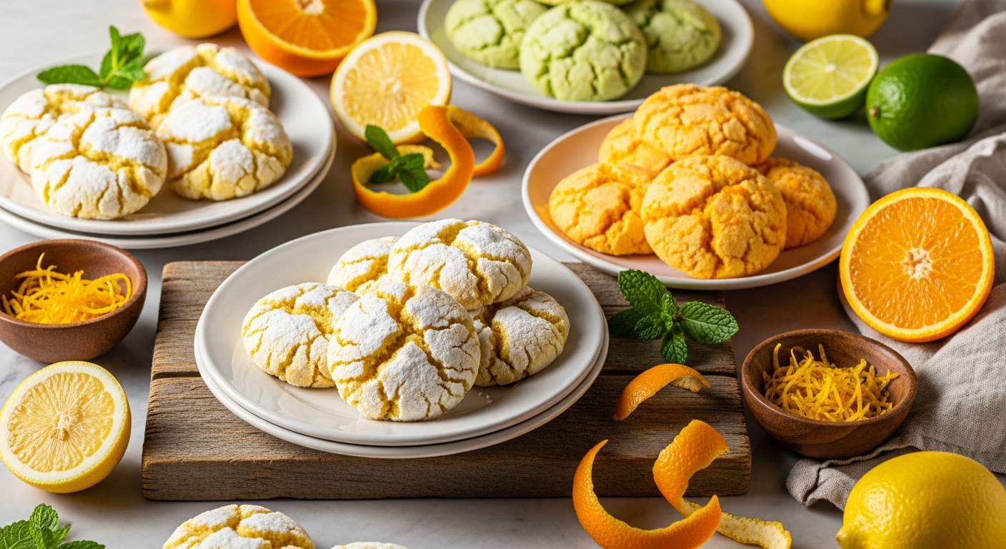 A beautifully arranged collection of soft, pillowy lemon-themed cookies displayed on rustic wooden surfaces and vintage ceramic plates, showcasing golden-yellow hues from fresh lemon zest and juice. The scene features multiple variations of citrus cookies including bright lemon ricotta cookies with their characteristic cracked, powdered sugar-dusted tops, vibrant orange-tinted cookies with visible orange zest specks, and pale green lime cookies that capture tropical essence. Fresh citrus fruits - whole lemons, oranges, and limes - are artfully scattered around the cookies, with some cut in half to reveal their juicy interiors and others showing curled zest peels. Warm, natural lighting illuminates the scene from above, creating soft shadows and highlighting the textural details of the cookies' surfaces, the glossy citrus fruits, and delicate flour dustings. The composition suggests a cozy kitchen or bakery setting with hints of marble countertops, linen napkins, and small bowls containing colorful citrus zest, creating an inviting atmosphere perfect for summer gatherings and seasonal baking celebrations.