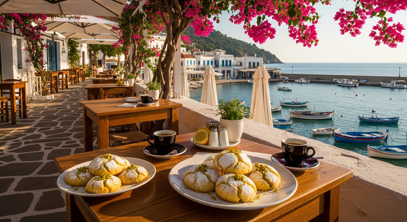 A warm, sun-drenched Mediterranean seaside cafe terrace overlooking crystal-clear turquoise waters, with rustic wooden tables adorned with plates of golden-yellow lemon pistachio cookies dusted with powdered sugar and scattered chopped pistachios. The cookies rest on elegant ceramic plates alongside small espresso cups, while dappled sunlight filters through white canvas umbrellas and climbing bougainvillea vines with vibrant pink flowers. In the background, whitewashed buildings cascade down hillsides toward the sparkling sea, with traditional fishing boats bobbing gently in the harbor. The scene captures the essence of Mediterranean coastal charm with warm golden hour lighting, creating long shadows across the weathered stone terrace, while gentle sea breezes rustle through olive trees and the aromatic scents of lemon and herbs fill the air.