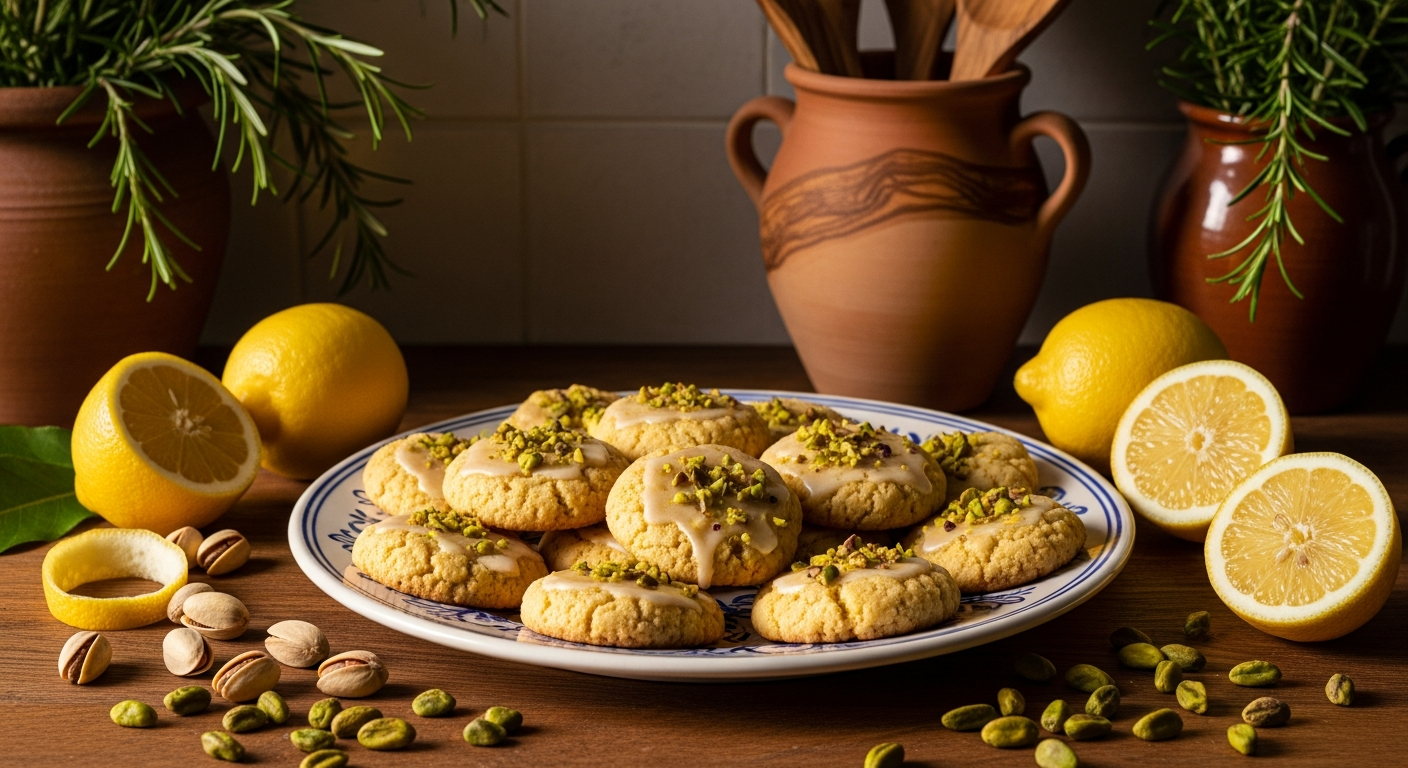 A rustic wooden kitchen counter displays an artful arrangement of golden-brown Mediterranean lemon pistachio cookies, their surfaces glistening with a delicate glaze and studded with vibrant green pistachio pieces that create beautiful color contrast. The cookies are arranged on a vintage ceramic plate with subtle Mediterranean blue and white patterns, surrounded by fresh lemons with their bright yellow peels and glossy texture, some cut in half to reveal their juicy interior segments. Scattered around the scene are shelled pistachios in various shades of green, their natural oils catching the warm, golden afternoon light streaming through a nearby window. The background features elements of a Mediterranean kitchen setting with terracotta pottery, olive wood utensils, and sprigs of fresh herbs like rosemary, creating an authentic artisanal atmosphere. The lighting is soft and natural, casting gentle shadows that enhance the texture of the cookies' crumbly surface and the glossy sheen of the citrus fruits, evoking the warmth and culinary richness of Mediterranean coastal regions.