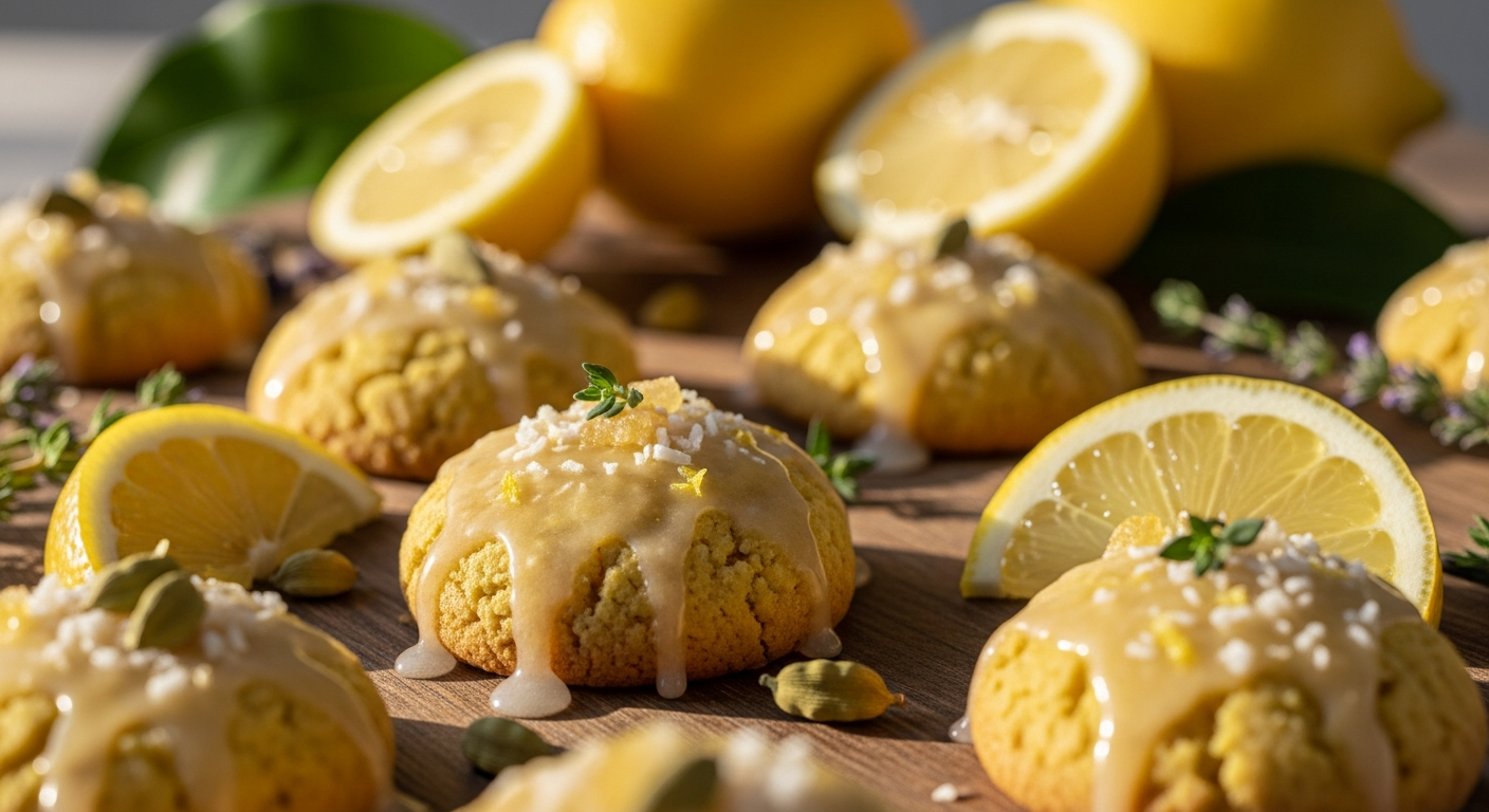 A close-up artistic photograph of freshly baked exotic lemon cookies arranged on a rustic wooden surface, each cookie featuring a glossy, translucent lemon glaze that catches warm golden light. The cookies display unique textures with visible spices and exotic ingredients like cardamom seeds, crystallized ginger pieces, and finely grated coconut scattered throughout the golden-yellow dough. Delicate droplets of the lemon glaze drip elegantly down the sides of some cookies, creating an appetizing sheen that reflects soft natural lighting from a nearby window. Fresh lemon slices, whole lemons, and aromatic herbs like thyme or lavender sprigs are artfully scattered around the cookies as natural styling elements. The composition features shallow depth of field with some cookies in sharp focus in the foreground while others blur softly in the background, creating a warm, inviting bakery atmosphere with rich golden and amber tones throughout the scene.