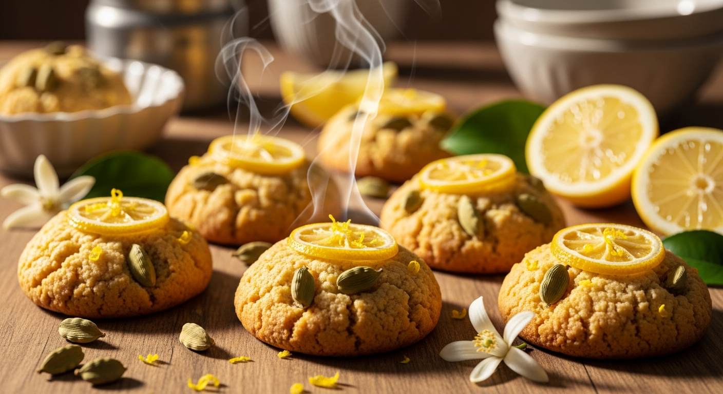 A close-up artistic photograph of golden-brown exotic cookies arranged on a rustic wooden surface, each cookie studded with vibrant yellow lemon zest pieces and aromatic cardamom pods that glisten slightly in warm, natural lighting. The cookies have a delicate, crumbly texture with visible speckles of ground cardamom creating beautiful patterns throughout the golden dough, while thin slices of candied lemon peel are artfully embedded on top of each cookie. Steam gently rises from the freshly baked treats, creating a dreamy, ethereal atmosphere as soft sunlight filters through a nearby window, casting warm shadows and highlighting the textural details of the cookies' surfaces. Scattered around the cookies are whole cardamom pods, fresh lemon slices, and delicate lemon blossoms, creating an elegant still-life composition that emphasizes the exotic, aromatic nature of these specialty baked goods. The background features subtle hints of vintage baking equipment and ceramic dishes, all bathed in a warm, golden hour lighting that enhances the rich, inviting colors and creates an atmosphere of artisanal craftsmanship and culinary sophistication.
