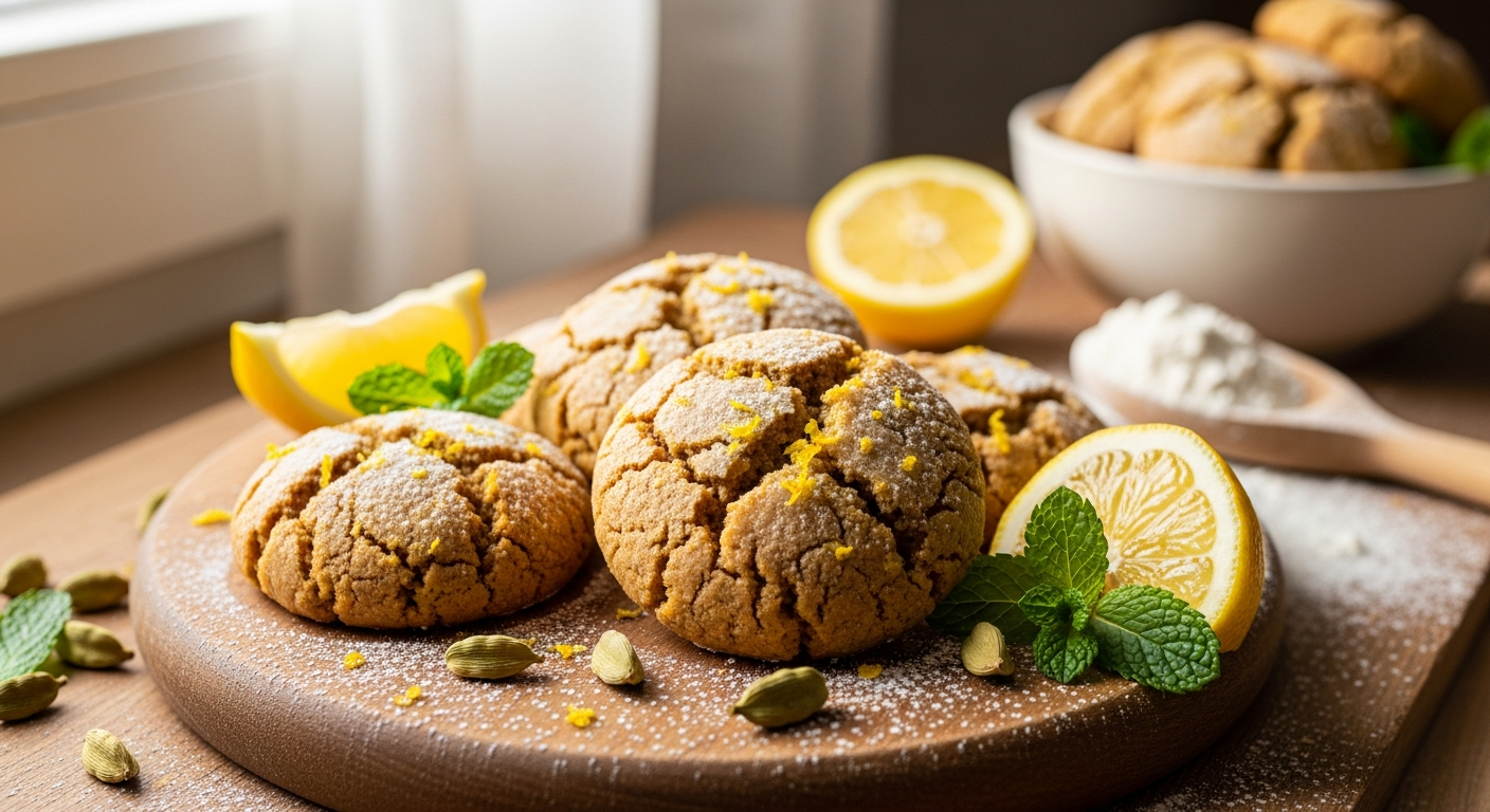 A close-up artistic photograph of golden-brown spiced cookies arranged on a rustic wooden cutting board, each cookie featuring a beautiful cracked surface texture with visible specks of ground cardamom and zest. The cookies have a rich, buttery appearance with slightly crispy edges and soft centers, dusted lightly with powdered sugar that catches the warm, natural lighting. Fresh lemon slices and whole cardamom pods are artfully scattered around the cookies as garnish, along with a few sprigs of fresh mint leaves for color contrast. The background shows a cozy kitchen setting with soft, diffused sunlight streaming through a nearby window, creating gentle shadows and highlighting the textural details of the baked goods. A vintage ceramic bowl filled with additional cookies sits partially visible in the background, while scattered flour and a wooden spoon suggest the baking process, creating an inviting, homemade atmosphere that emphasizes the exotic spice blend and citrus elements.