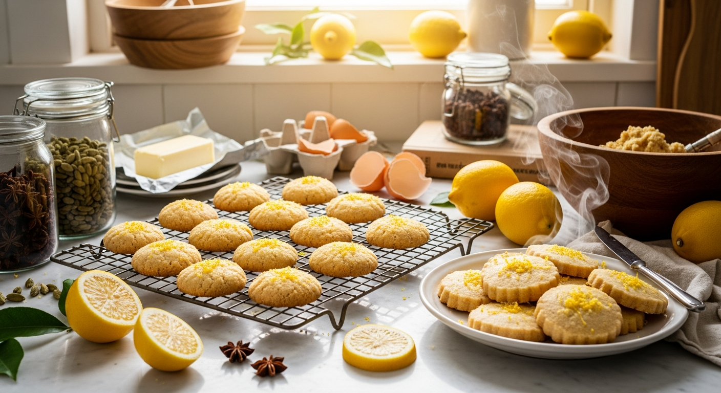 A rustic kitchen scene featuring golden-brown lemon exotic cookies cooling on a vintage wire rack, with vibrant yellow lemons scattered around a marble countertop dusted with flour. Steam gently rises from freshly baked shortbread cookies that have a delicate, crumbly texture and are adorned with crystallized lemon zest pieces. Warm sunlight streams through a nearby window, illuminating glass jars filled with exotic spices like cardamom pods and star anise, while a wooden mixing bowl contains remnants of pale yellow cookie dough. The scene captures the cozy, aromatic atmosphere of home baking, with butter wrappers, eggshells, and a well-worn recipe book visible in the background, all bathed in the golden glow of a late afternoon kitchen filled with the warmth of freshly baked treats.