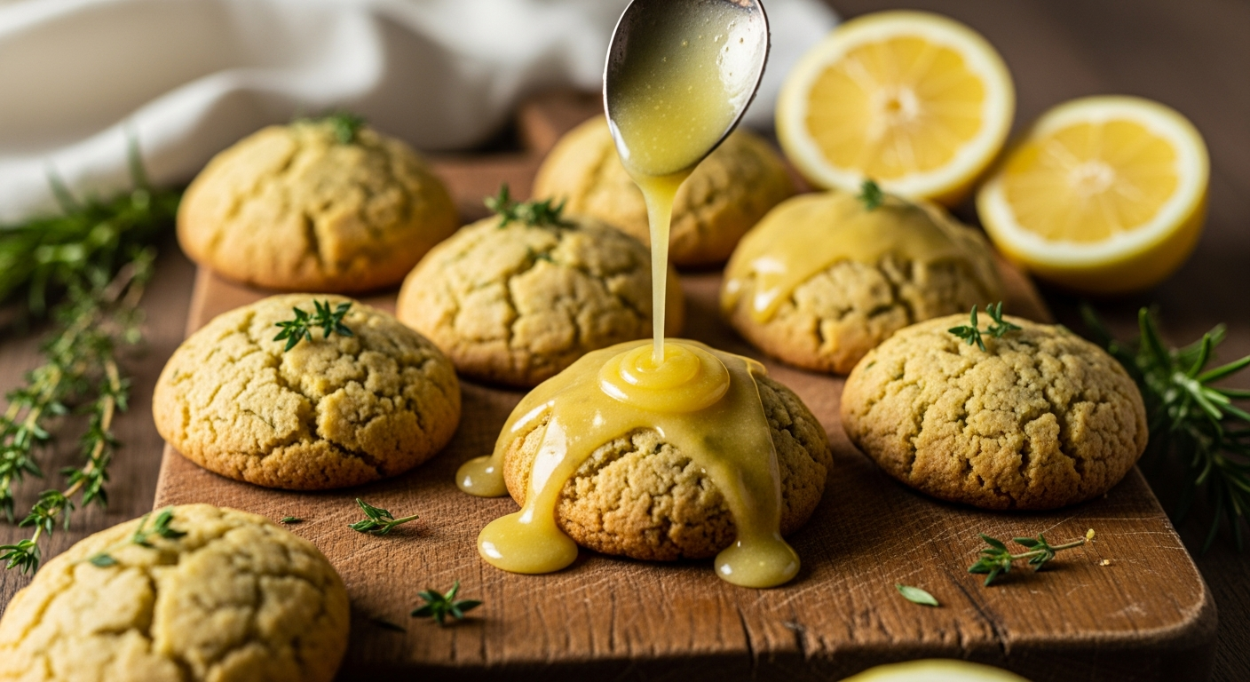 A close-up artistic photograph of freshly baked exotic lemon cookies arranged on a rustic wooden cutting board, with several cookies being delicately drizzled with a glossy, translucent lemon glaze from a small silver spoon held above them. The cookies have a golden-brown texture with visible specks of fresh herbs like thyme and rosemary embedded in their surface, creating an artisanal appearance. Droplets of the bright yellow lemon glaze cascade down the sides of the cookies, pooling slightly on the wooden surface below. In the soft-focused background, fresh lemons cut in half reveal their juicy interior, while sprigs of aromatic herbs like thyme and rosemary are scattered around the scene. Warm, natural lighting illuminates the scene from one side, creating gentle shadows and highlighting the glossy sheen of the glaze and the textured surfaces of the cookies. The composition captures the moment of glazing in action, with some cookies already glistening with the lemon coating while others await their turn, creating a dynamic culinary still life that emphasizes the fresh, exotic flavors and artisanal craftsmanship of these herb-infused lemon treats.