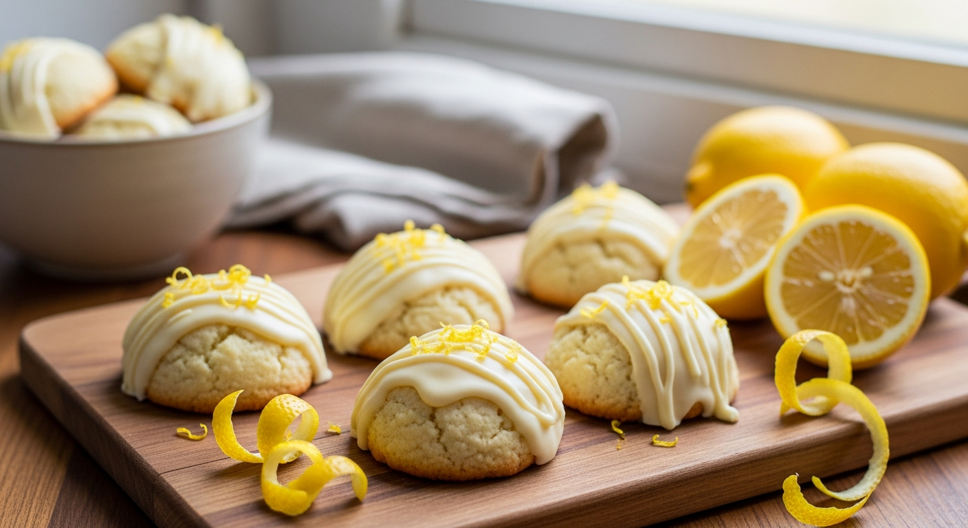 A close-up artistic photograph of elegant gourmet lemon ricotta cookies arranged on a rustic wooden cutting board, each cookie perfectly round with a soft, cake-like texture and delicate golden edges. The cookies are generously drizzled with glossy white chocolate glaze that cascades down their sides in smooth, organic patterns, creating beautiful contrast against the pale yellow cookie surface. Fresh lemon zest is scattered artfully around the cookies, with thin curls of bright yellow peel catching the natural light, while a few whole lemons and halved lemons with visible juicy segments are positioned nearby. The scene is bathed in warm, diffused natural lighting from a nearby window, creating soft shadows and highlighting the cookies' tender crumb structure and the lustrous sheen of the white chocolate coating. In the background, subtle kitchen elements like a vintage ceramic bowl and linen napkin create an inviting, homey atmosphere that emphasizes the artisanal, gourmet quality of these exotic citrus treats.
