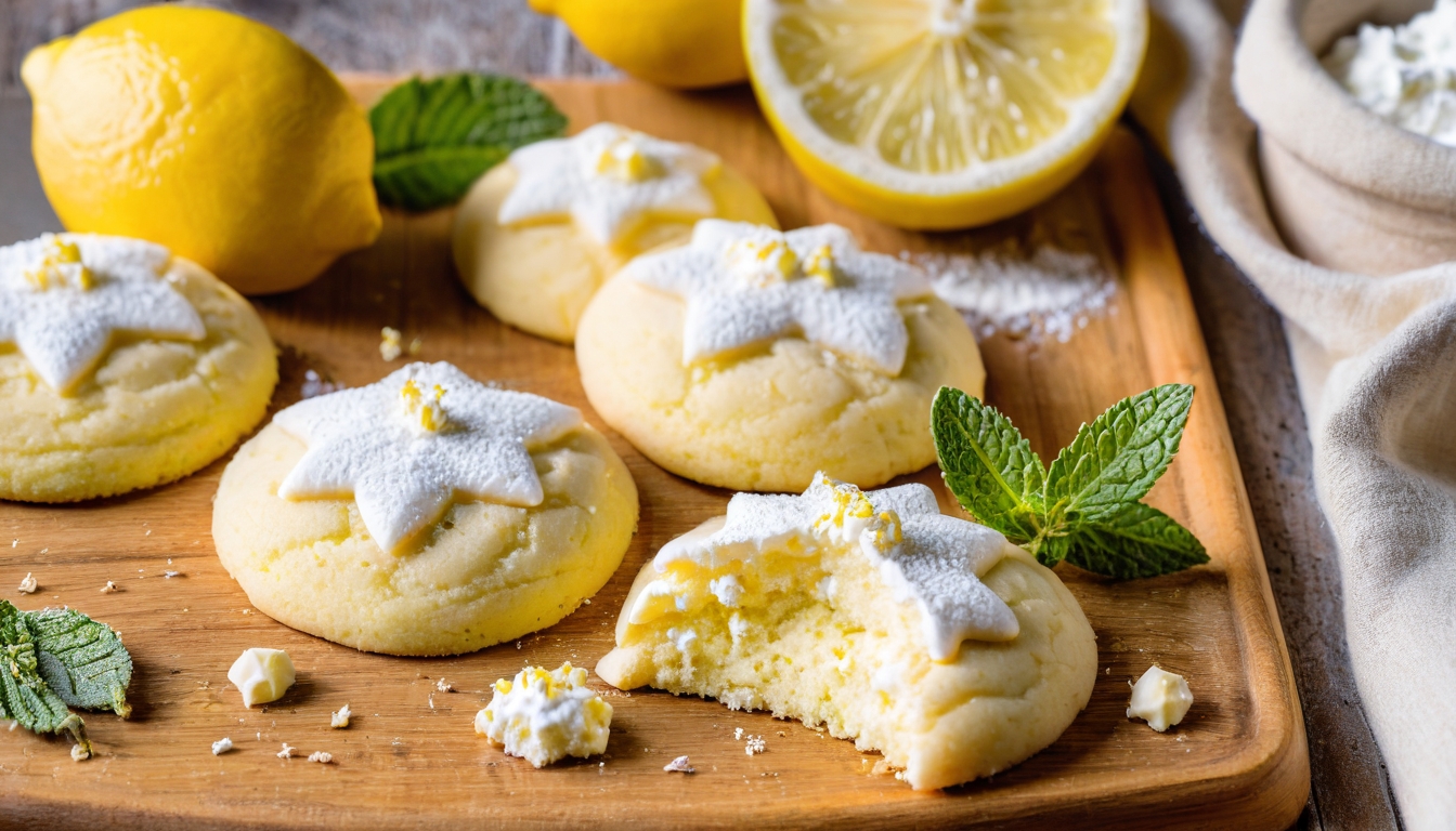 A close-up artistic photograph of freshly baked lemon ricotta cookies arranged on a rustic wooden cutting board, their surfaces golden and slightly cracked with a delicate powdered sugar dusting. The cookies have a soft, pillowy texture with visible lemon zest flecks scattered throughout their pale yellow surface, creating an appetizing contrast against the warm wood grain below. Steam gently rises from the warm cookies, while scattered fresh lemon slices, bright yellow lemon zest curls, and small dollops of creamy white ricotta cheese are artfully placed around the scene. Soft natural lighting filters through a nearby window, casting gentle shadows and highlighting the cookies' tender, cake-like texture and the glossy, citrusy glaze that catches the light. The composition includes sprigs of fresh mint leaves and a few whole lemons in the background, creating a vibrant, Mediterranean-inspired culinary still life that emphasizes the exotic, gourmet nature of these specialty baked goods.