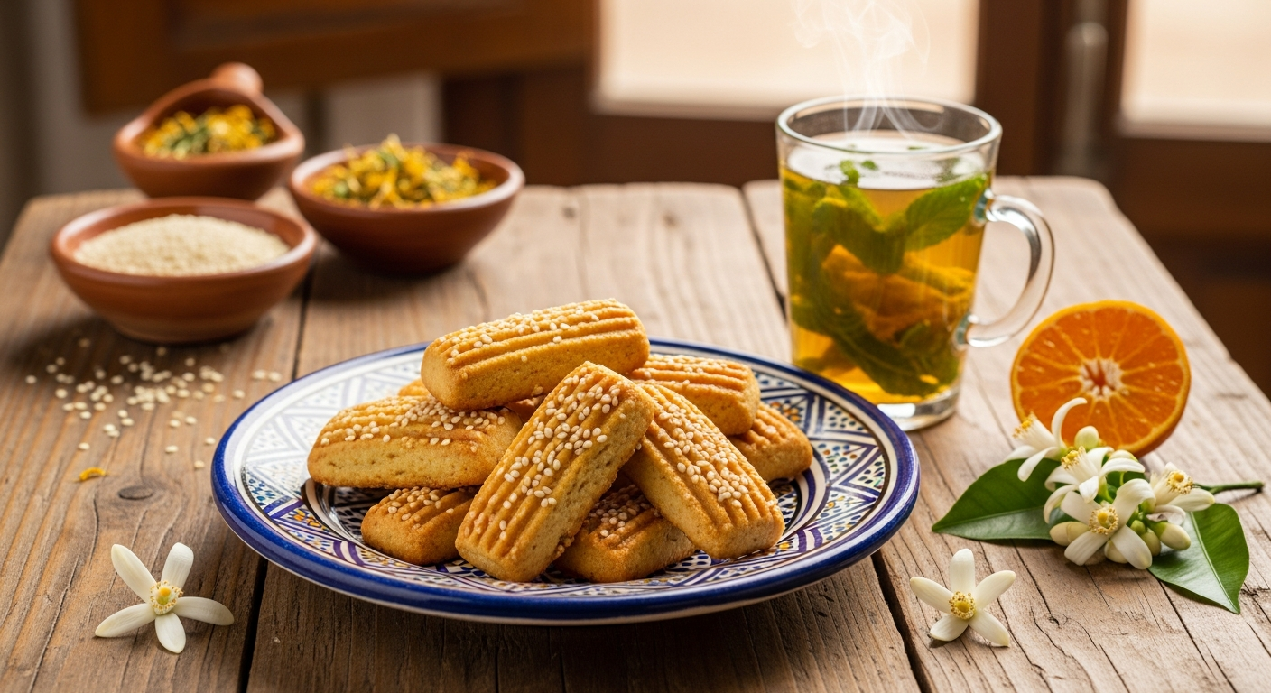 A rustic wooden table displays an array of golden-brown Moroccan Fekkas cookies arranged on an ornate ceramic plate with traditional blue and white geometric patterns. The twice-baked cookies have a distinctive elongated, rectangular shape with visible sesame seeds scattered throughout their textured surface, creating small dark speckles against the warm amber color. Steam gently rises from a glass of freshly brewed mint tea positioned beside the plate, while orange blossoms and their delicate white petals are artfully scattered around the scene. In the background, small bowls contain toasted sesame seeds and dried orange blossom petals, with warm sunlight filtering through a nearby window casting soft shadows across the traditional Moroccan setting. The composition captures the exotic, aromatic essence of North African baking traditions with rich textures and warm, inviting colors.