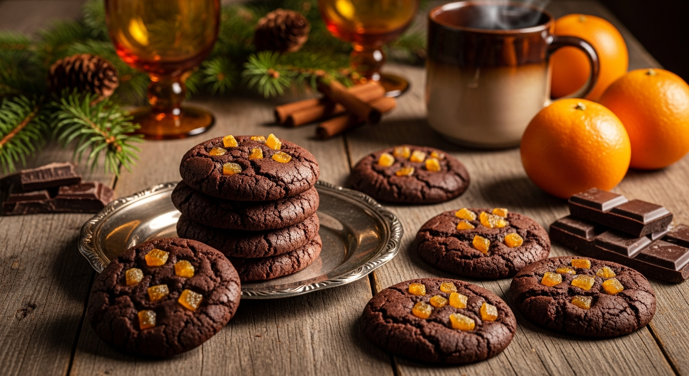 A close-up artistic photograph of elegant dark chocolate cookies studded with vibrant orange zest pieces, arranged on a rustic wooden table with warm, golden lighting that highlights their rich, textured surfaces. The cookies display a deep, dark brown color with visible flecks of bright orange zest creating beautiful contrast, while some cookies are artfully stacked and others scattered around an ornate vintage plate. In the background, soft-focus holiday decorations including pine branches, cinnamon sticks, and amber-colored glassware create a festive, celebratory atmosphere. Steam gently rises from a ceramic mug nearby, and scattered whole oranges and dark chocolate pieces add to the gourmet composition. The lighting creates dramatic shadows and warm highlights that emphasize the cookies' decadent texture and the cozy, intimate setting perfect for special gatherings.