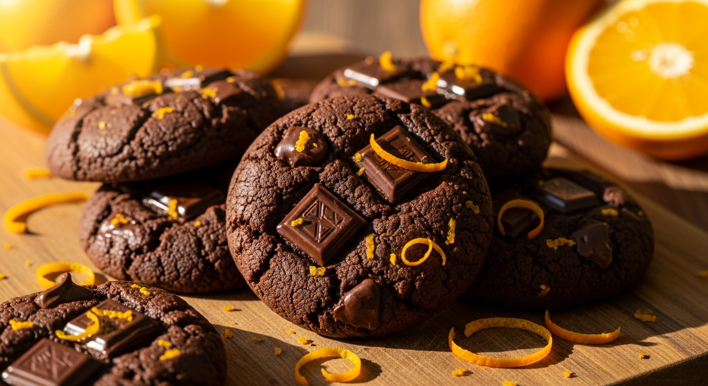 A close-up photograph of artisanal dark chocolate cookies with vibrant orange zest flecks scattered throughout their rich, textured surface, arranged on a rustic wooden cutting board with dramatic natural lighting. The cookies display a deep chocolate-brown color with visible chunks of premium dark chocolate and bright orange peel pieces creating beautiful contrast against the cookie's surface. Warm, golden sunlight streams across the scene, casting soft shadows and highlighting the cookies' irregular, handcrafted edges and crumbly texture. Fresh orange slices and whole oranges are artfully placed in the background, their bright citrus colors complementing the earthy tones of the cookies, while a few loose orange zest curls are delicately scattered around the composition. The overall atmosphere suggests a cozy, artisanal bakery setting with warm, inviting tones that emphasize the gourmet, exotic nature of these specialty treats.