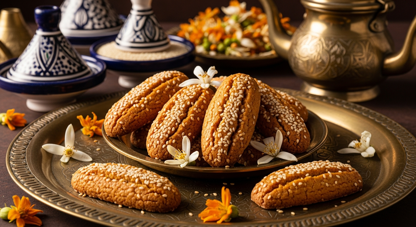 A beautifully arranged display of golden-brown, rustic Moroccan fekkas cookies with visible sesame seeds scattered across their textured surfaces, placed on an ornate brass tray with intricate geometric patterns. The twice-baked cookies have an elongated, biscotti-like shape with rough, artisanal edges and a warm amber color that catches soft, diffused lighting. Delicate orange blossom petals are artfully scattered around the cookies, their pale white and soft orange hues creating an elegant contrast against the dark metal surface. In the background, traditional Moroccan ceramic bowls in deep blues and whites contain whole sesame seeds and dried orange blossoms, while a vintage brass teapot with elaborate engravings sits slightly out of focus. The scene is bathed in warm, golden hour lighting that emphasizes the cookies' crunchy texture and creates gentle shadows, evoking the atmosphere of a traditional Moroccan kitchen or marketplace with rich, earthy tones throughout the composition.