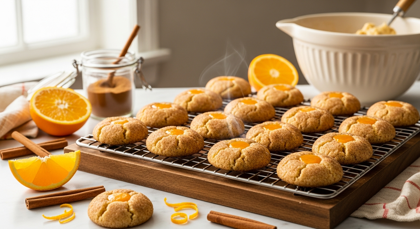 A warm, inviting kitchen scene featuring freshly baked orange sugar cookies cooling on a rustic wooden cutting board, their golden-brown surfaces glistening with crystallized sugar that catches the soft natural light streaming through a nearby window. The cookies are perfectly round with slightly cracked tops, displaying a beautiful amber-orange hue that hints at the citrus flavor within. Scattered around the cookies are fresh orange slices, their vibrant segments creating colorful accents, along with whole oranges with their textured peels and a few orange zest curls delicately placed as garnish. The background shows a cozy kitchen setting with warm earth tones, featuring ceramic bowls, vintage baking utensils, and perhaps a rolling pin dusted with flour. Steam gently rises from the warm cookies, and granulated sugar sparkles like tiny diamonds across the wooden surface, creating an atmosphere of homemade comfort and citrusy sweetness that makes the scene both appetizing and visually appealing.