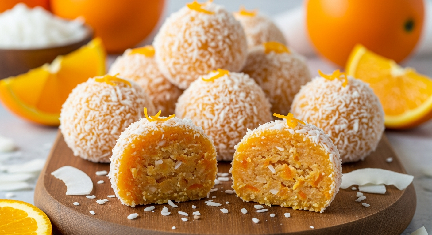 A close-up artistic photograph of perfectly round, bite-sized orange-colored coconut balls arranged on a rustic wooden cutting board, with vibrant orange zest and shredded white coconut coating visible on their textured surfaces. The spherical treats display a rich golden-orange hue with flecks of coconut creating an appealing textured exterior, while some balls are cut in half to reveal a dense, moist interior with visible coconut flakes and orange pieces. Soft natural lighting illuminates the scene from above, casting gentle shadows and highlighting the contrast between the warm orange tones and pristine white coconut coating. Fresh orange slices and scattered coconut flakes are artfully placed around the wooden board as garnish, with a few whole oranges and a small bowl of shredded coconut visible in the background. The composition captures the homemade, artisanal quality of these no-bake confections with shallow depth of field that keeps the focus on the detailed texture and appealing color contrast of the orange coconut balls.