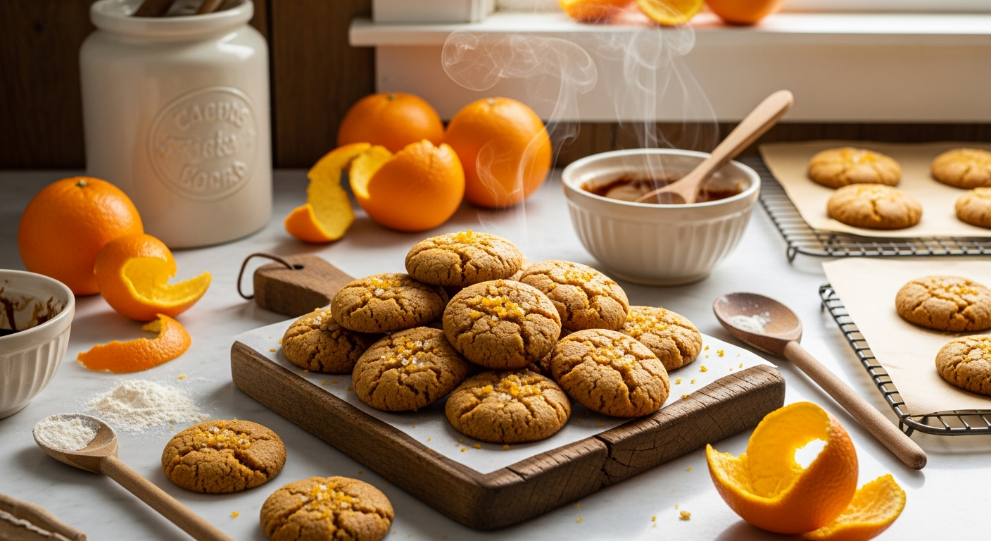 A rustic kitchen scene showcasing freshly baked orange molasses cookies arranged on a weathered wooden cutting board, their golden-brown surfaces glistening with a subtle orange glaze and dotted with crystallized orange zest pieces. Steam gently rises from the warm cookies, while scattered orange peels and whole oranges create a vibrant citrus display around the baking area. Soft, warm lighting filters through a nearby window, casting gentle shadows across vintage baking tools including wooden spoons, ceramic mixing bowls with remnants of molasses, and an antique cookie jar. The cookies themselves appear perfectly round with slightly cracked surfaces typical of molasses cookies, their rich amber color complemented by the bright orange accents, while flour dusts the marble countertop and a few cookies rest on parchment paper cooling racks in the background.