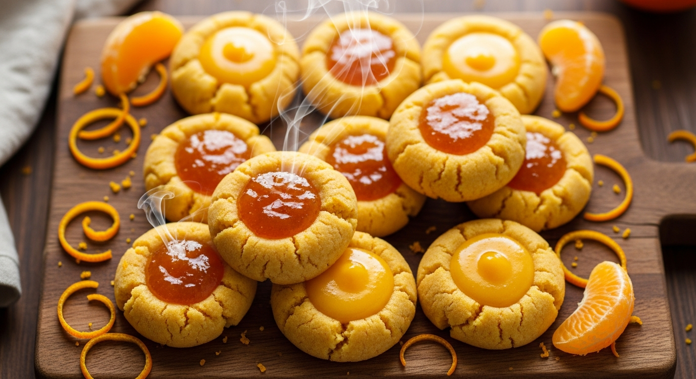 A close-up artistic photograph of freshly baked thumbprint cookies arranged on a rustic wooden cutting board, each cookie featuring a golden-orange hue from orange zest mixed into the buttery dough. The cookies display perfect circular indentations in their centers filled with glossy, vibrant orange marmalade or orange curd that catches the warm natural light. Steam gently rises from the warm cookies, and scattered orange zest curls and small orange segments are artfully placed around the cutting board. The scene is photographed from a slight overhead angle with shallow depth of field, creating a cozy kitchen atmosphere with soft, diffused lighting that highlights the rich orange tones and textures of both the cookies and the citrus elements.