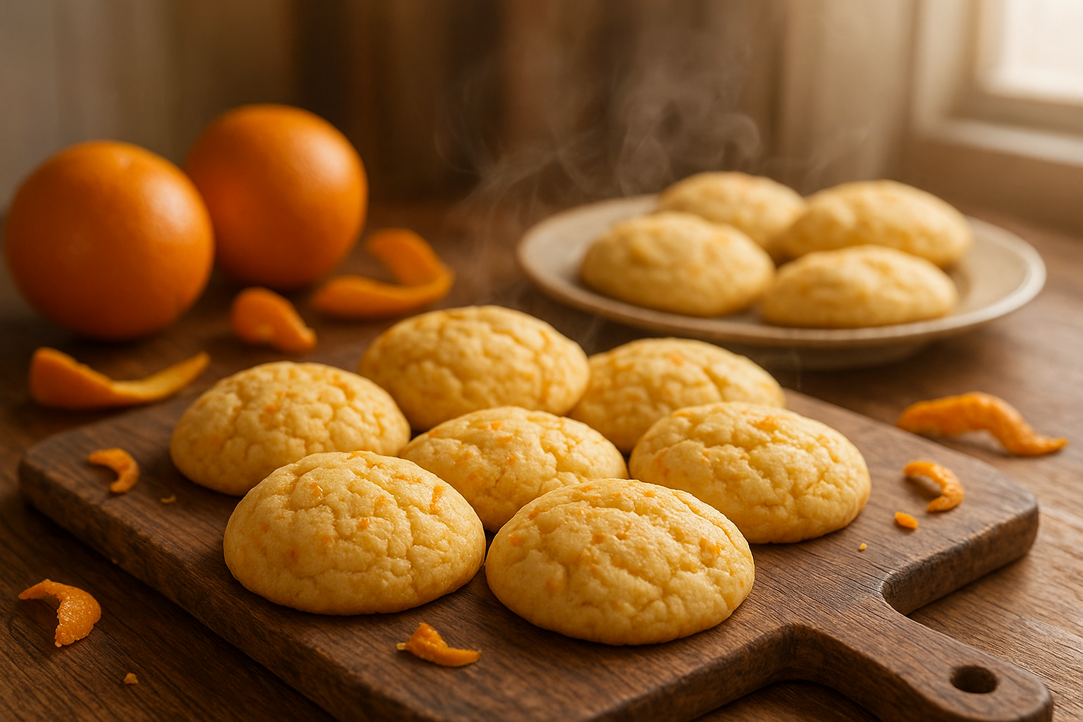 A close-up view of freshly baked soft orange cream cheese cookies arranged on a rustic wooden cutting board, their surfaces glowing with a warm golden-orange hue and delicate cracked texture. The cookies appear pillowy and tender, with visible orange zest specks dotting their surfaces, creating an appetizing contrast against the pale cream cheese base. Soft natural lighting filters through a nearby window, casting gentle shadows and highlighting the cookies' inviting texture, while scattered fresh orange peels and a few whole oranges rest artfully in the background. Steam gently rises from the warm cookies, and a vintage ceramic plate holds additional cookies nearby, all set against a cozy kitchen backdrop with warm wood tones and soft, diffused afternoon sunlight creating an inviting, homestyle baking atmosphere.