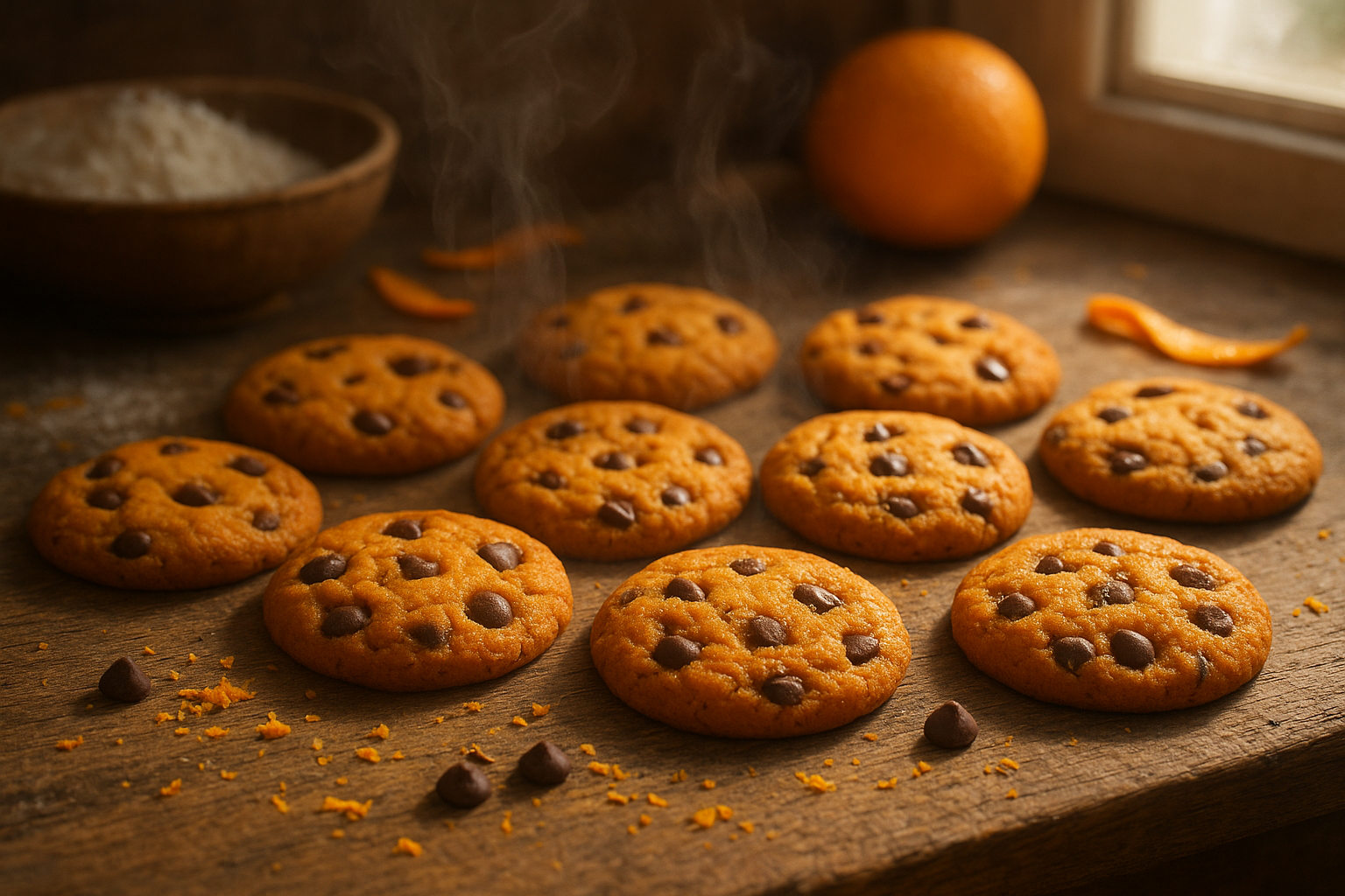 A rustic wooden kitchen counter displaying an array of freshly baked orange-colored cookies with visible chocolate chips scattered throughout their golden surfaces. The cookies have a warm, inviting amber hue with darker brown chocolate morsels creating beautiful contrast against the citrus-tinted dough. Steam gently rises from the warm cookies, suggesting they've just emerged from the oven. The scene is bathed in soft, natural lighting streaming through a nearby window, casting gentle shadows across the textured cookie surfaces. Scattered orange zest and a few whole chocolate chips lie artfully around the cookies on the weathered wood surface. In the soft-focus background, glimpses of baking ingredients like flour dusting and orange peels create an authentic, homey kitchen atmosphere that emphasizes the artisanal, handmade quality of these delectable treats.
