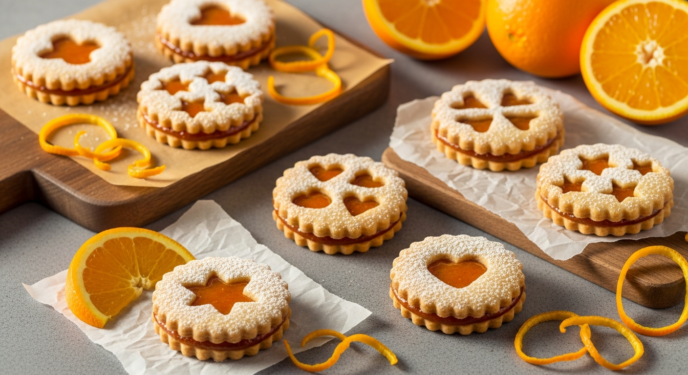 A rustic kitchen countertop displays an array of golden-orange Linzer cookies with distinctive cut-out centers revealing vibrant orange jam or marmalade filling beneath. The sandwich cookies feature intricate star, heart, and circular window patterns cut into their top layers, creating beautiful geometric designs that showcase the bright citrus filling. Delicate powdered sugar dusts the cookies' surfaces, creating a soft contrast against the warm amber and burnt orange hues of the baked goods. The cookies are artfully arranged on vintage parchment paper and wooden cutting boards, with fresh orange slices, orange zest curls, and whole oranges scattered around as natural styling elements. Warm, golden afternoon light streams across the scene, casting gentle shadows and highlighting the textural details of the crumbly cookie edges and glossy jam centers. The composition captures the homemade, artisanal quality of these citrus-inspired treats with rich, appetizing colors and inviting textures.