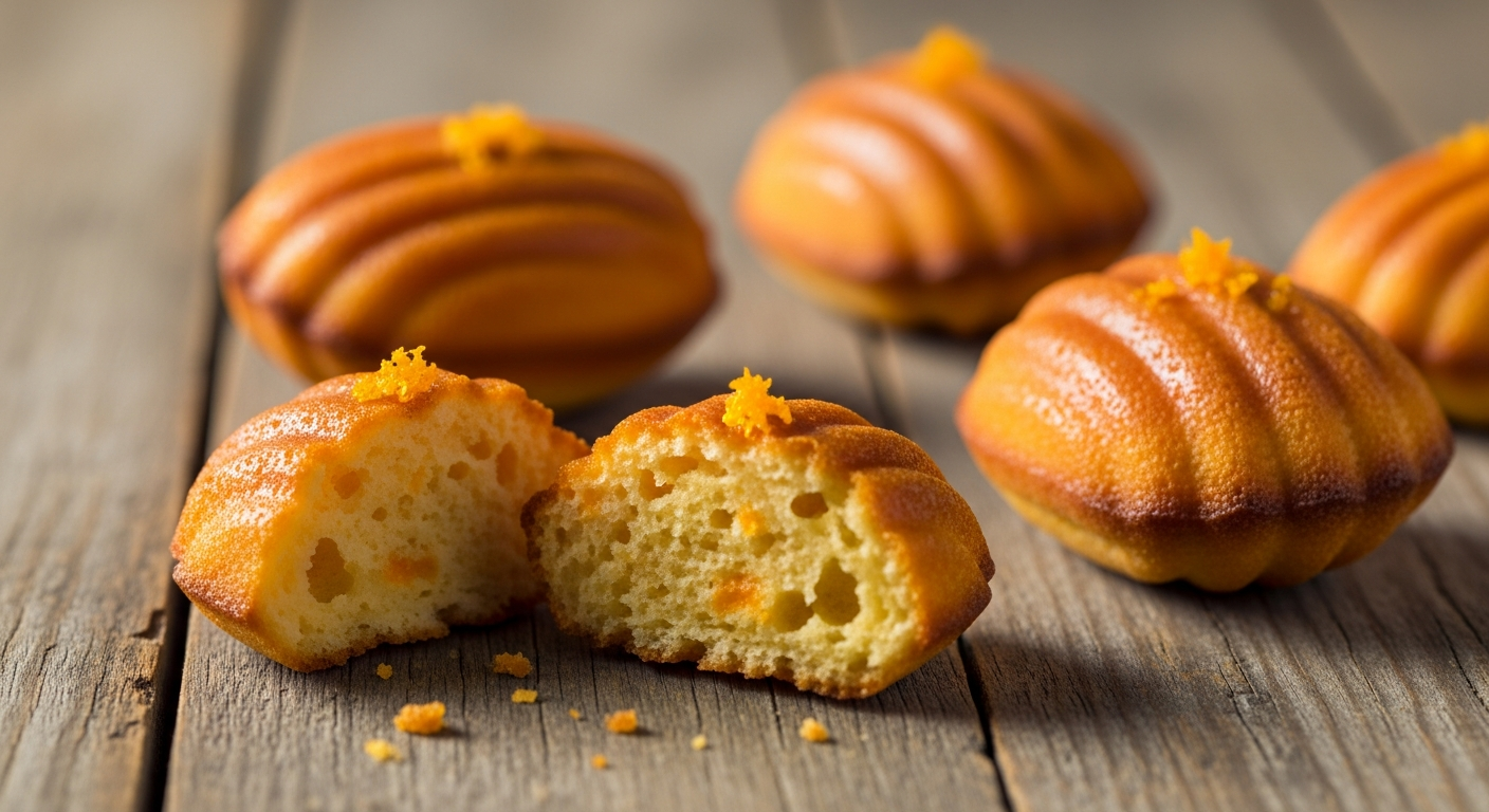 A close-up artistic photograph of freshly baked orange madeleines arranged on a rustic wooden table, their distinctive shell-shaped ridged surfaces golden-brown and glistening with a delicate orange glaze. The small sponge cakes display perfect scalloped edges and a tender, airy crumb structure visible where one has been broken in half, revealing the moist interior with tiny orange zest flecks throughout. Soft natural lighting filters through a nearby window, casting gentle shadows and highlighting the buttery, citrus-infused surfaces of the madeleines. Fresh orange slices and scattered orange zest surround the cakes, while a vintage ceramic plate holds several of the elegant French pastries, creating a warm, inviting bakery atmosphere with shallow depth of field that emphasizes the textural details of these classic shell-shaped treats.