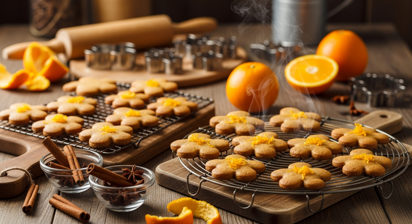 A warm, inviting kitchen scene featuring freshly baked orange gingerbread cookies cooling on rustic wooden cutting boards and vintage wire racks. The golden-brown cookies are beautifully shaped with intricate molded details, displaying a rich amber hue from the orange zest incorporated into the dough. Steam gently rises from the warm cookies, creating a cozy atmosphere filled with the visual essence of holiday baking. Scattered around the scene are fresh orange peels, whole oranges with their vibrant citrus color, and small glass bowls containing aromatic spices like cinnamon sticks and star anise. The lighting is soft and golden, casting warm shadows that highlight the textured surfaces of the cookies and create an appetizing glow across the rustic kitchen counter. In the background, hints of traditional baking tools like rolling pins and cookie cutters add to the artisanal crafting atmosphere.