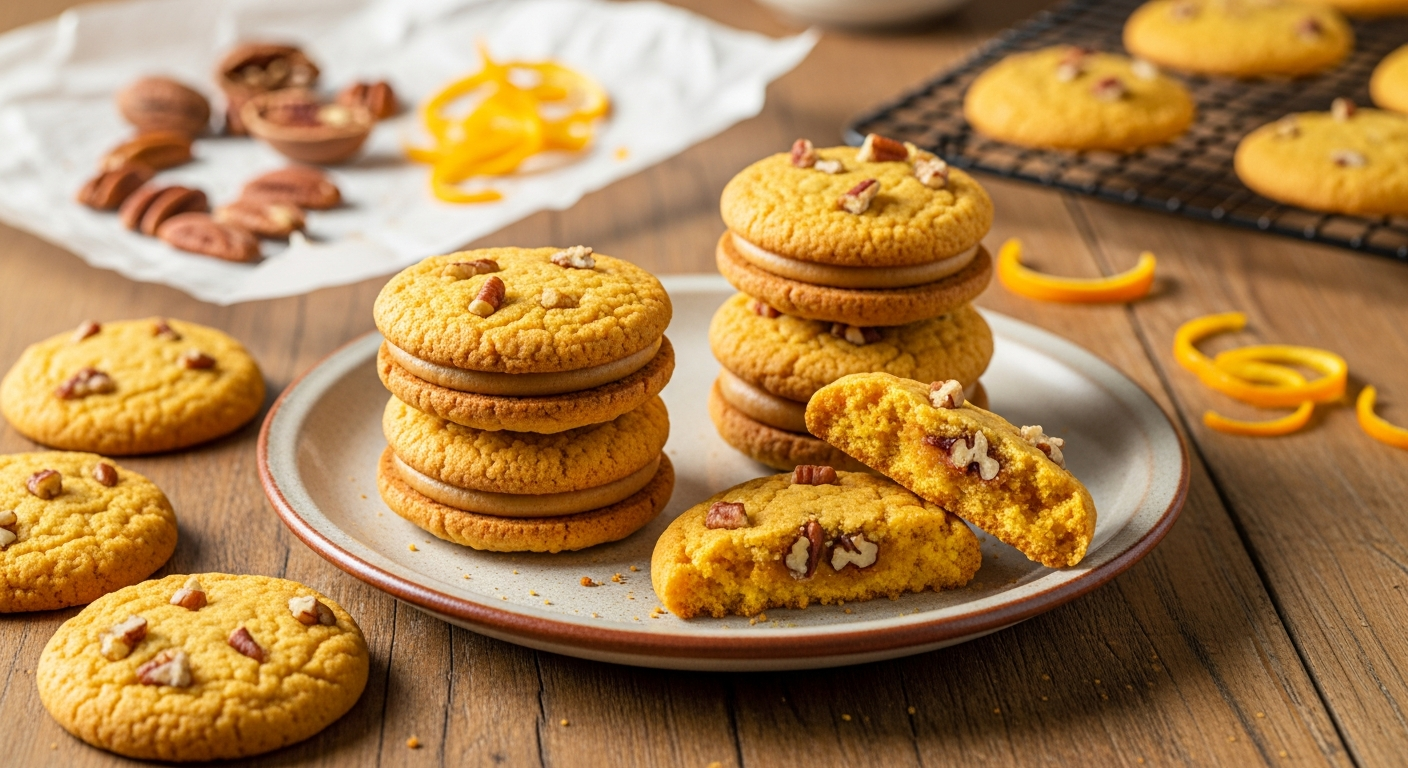 A rustic wooden kitchen counter displaying an artful arrangement of golden-orange colored sandwich cookies with visible pecan pieces embedded throughout their crumbly, shortbread-like texture. The cookies are arranged on a vintage ceramic plate with warm earth tones, some stacked in pairs to show their sandwich construction, while others are broken in half to reveal their buttery, orange-tinted interior dotted with chopped pecans. Soft, warm natural lighting streams through a nearby window, casting gentle shadows and highlighting the cookies' rough, homemade texture and rich amber hue. In the background, scattered whole pecans and orange zest curls rest on parchment paper, with a few cookies cooling on a wire rack, creating a cozy, artisanal baking scene that emphasizes the rustic, handcrafted quality of these orange-flavored pecan sandwich cookies.
