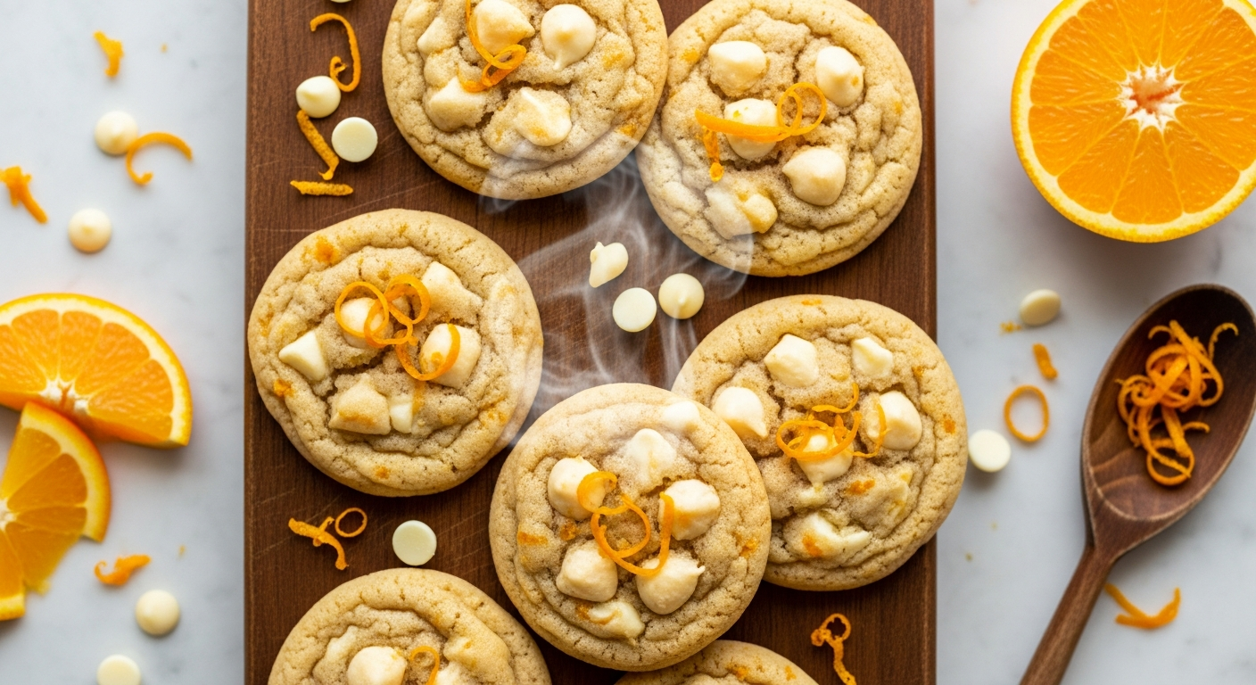 A close-up overhead view of freshly baked orange white chocolate cookies arranged on a rustic wooden cutting board, with golden-brown edges and soft centers dotted with creamy white chocolate chunks. The cookies have a beautiful orange-tinted color from fresh citrus zest, with visible specks of orange peel throughout the dough creating an appetizing speckled texture. Steam gently rises from the warm cookies, and scattered white chocolate chips and fresh orange zest fragments surround the board. Soft natural lighting illuminates the scene from one side, casting gentle shadows and highlighting the cookies' textured surfaces, while a few orange slices and a vintage wooden spoon rest nearby on a marble countertop background.
