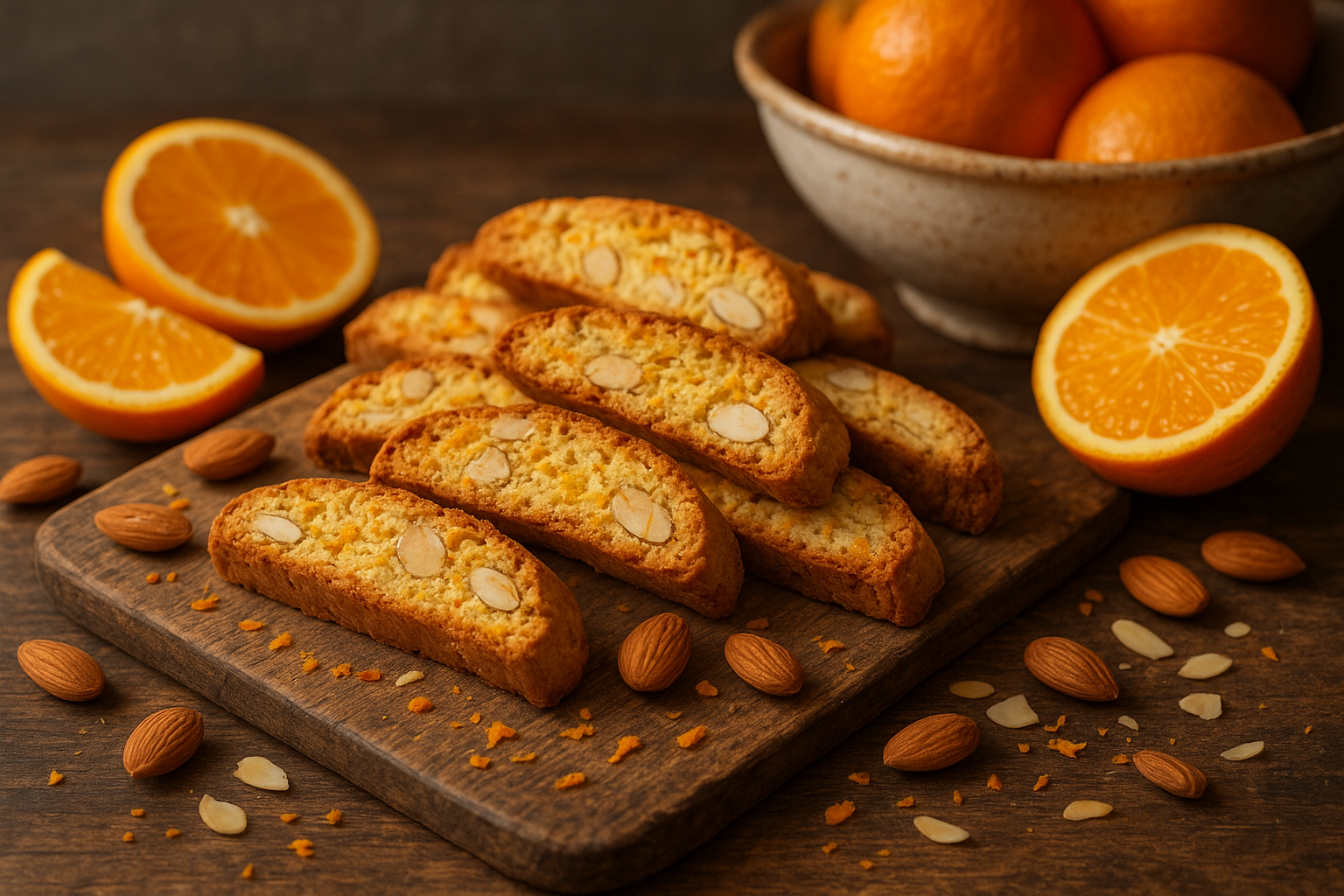 A rustic kitchen scene featuring golden-brown almond biscotti cookies with vibrant orange zest scattered throughout, arranged on a weathered wooden cutting board alongside fresh orange slices and whole almonds. The twice-baked Italian cookies display their characteristic oblong shape and crunchy texture, with visible almond pieces and orange peel fragments creating a mosaic of warm colors. Soft natural lighting filters through a nearby window, casting gentle shadows across the scene and highlighting the cookies' crispy, golden surfaces. In the background, a vintage ceramic bowl holds additional whole oranges with their glossy, dimpled peels, while scattered almond slivers and orange zest create an artful composition on the rustic wooden surface. The overall atmosphere is warm and inviting, with rich amber and golden tones dominating the color palette, evoking the comfort of traditional Italian baking and the bright, citrusy essence of fresh oranges.
