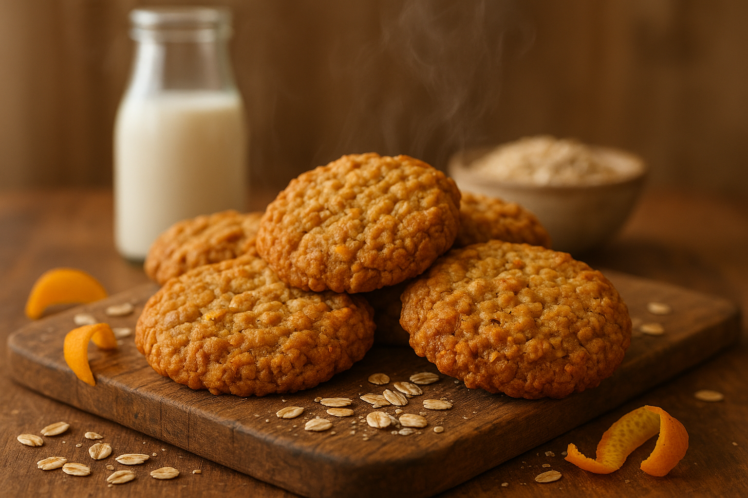 A close-up photograph of freshly baked orange oatmeal cookies arranged on a rustic wooden cutting board, showcasing their golden-brown texture with visible oats and orange zest flecks throughout the surface. The cookies have a slightly cracked, homemade appearance with rough, chunky edges and a warm amber color that catches soft natural lighting from a nearby window. Steam gently rises from the warm cookies, and scattered rolled oats and fresh orange peel curls are artfully placed around the cutting board. In the background, slightly out of focus, sits a vintage glass milk bottle and a small bowl containing more rolled oats, creating a cozy kitchen atmosphere with warm, inviting tones of cream, orange, and golden brown.
